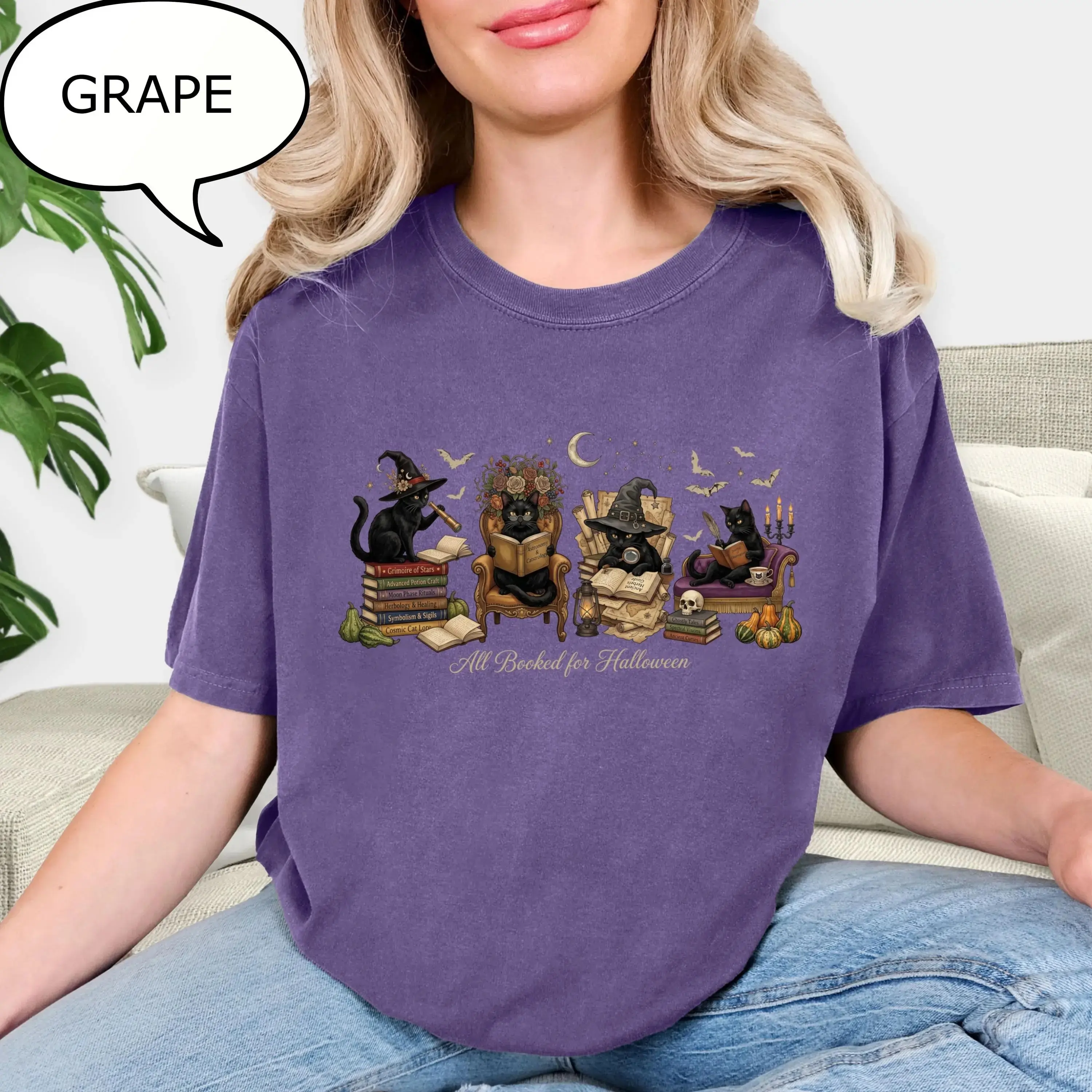All Booked For Halloween Shirt, Cat Reading Book Comfort Colors Teacher Tee, Cute Librarian Fall Bookish Gift
