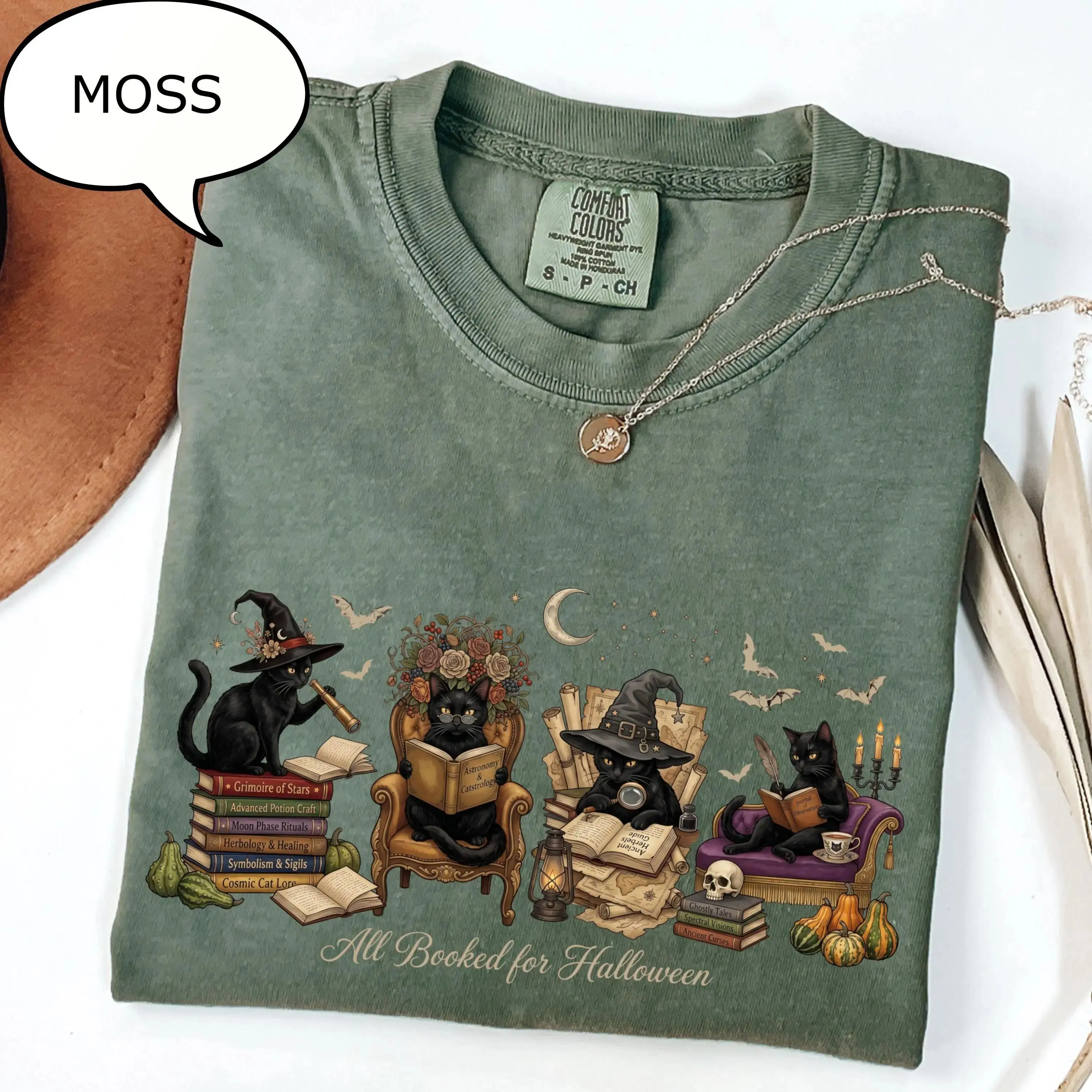 All Booked For Halloween Shirt, Cat Reading Book Comfort Colors Teacher Tee, Cute Librarian Fall Bookish Gift - photo 2