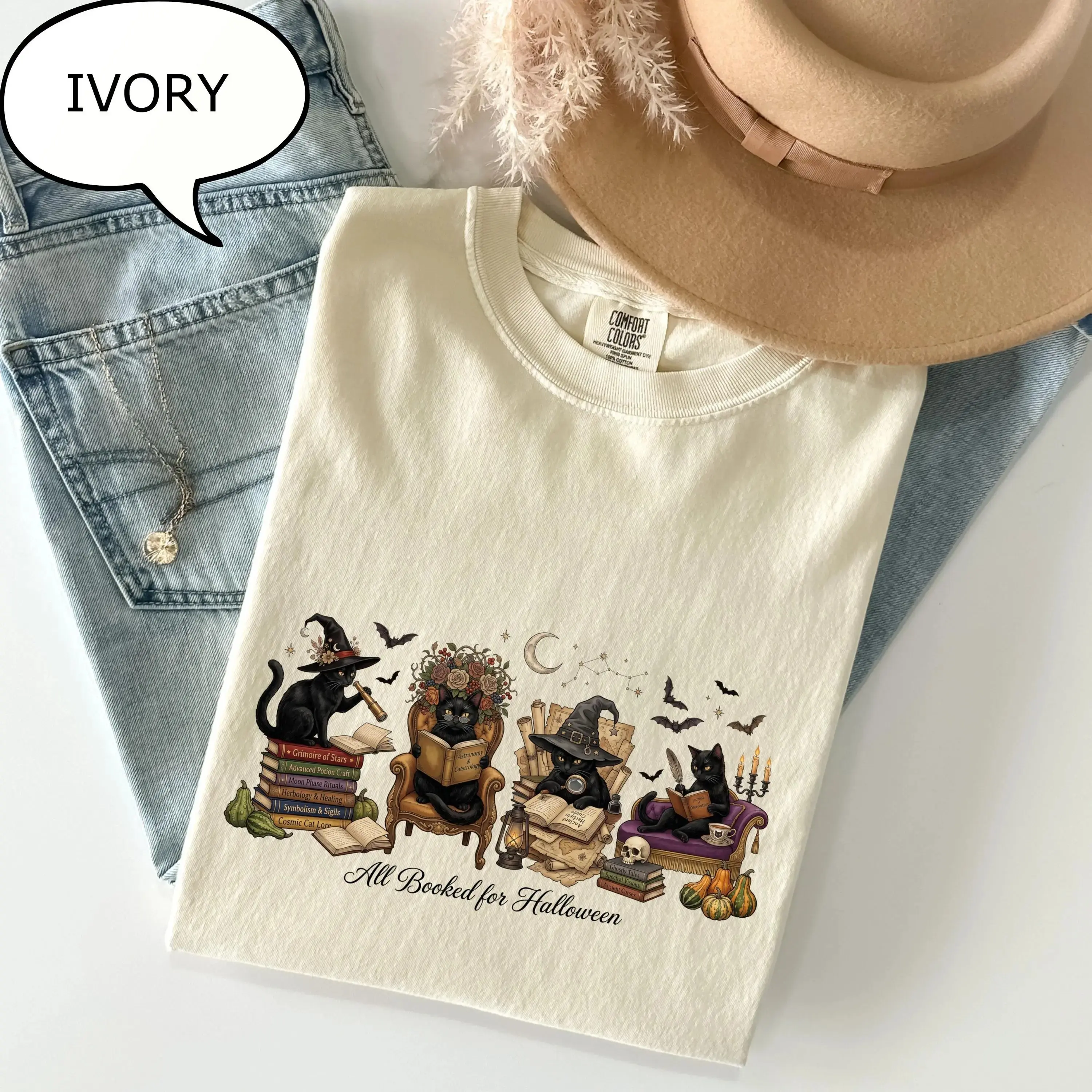 All Booked For Halloween Shirt, Cat Reading Book Comfort Colors Teacher Tee, Cute Librarian Fall Bookish Gift - photo 3