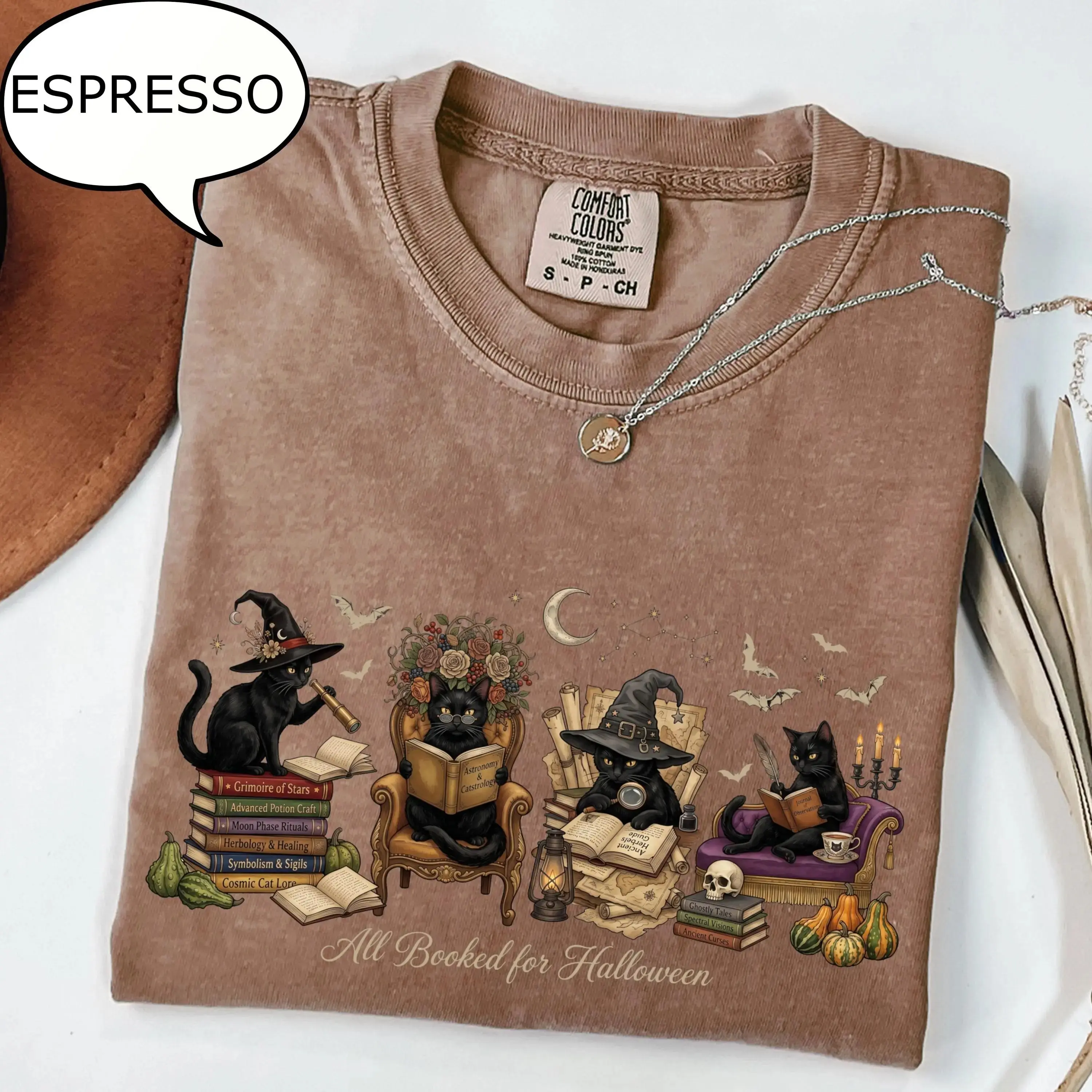 All Booked For Halloween Shirt, Cat Reading Book Comfort Colors Teacher Tee, Cute Librarian Fall Bookish Gift - photo 4