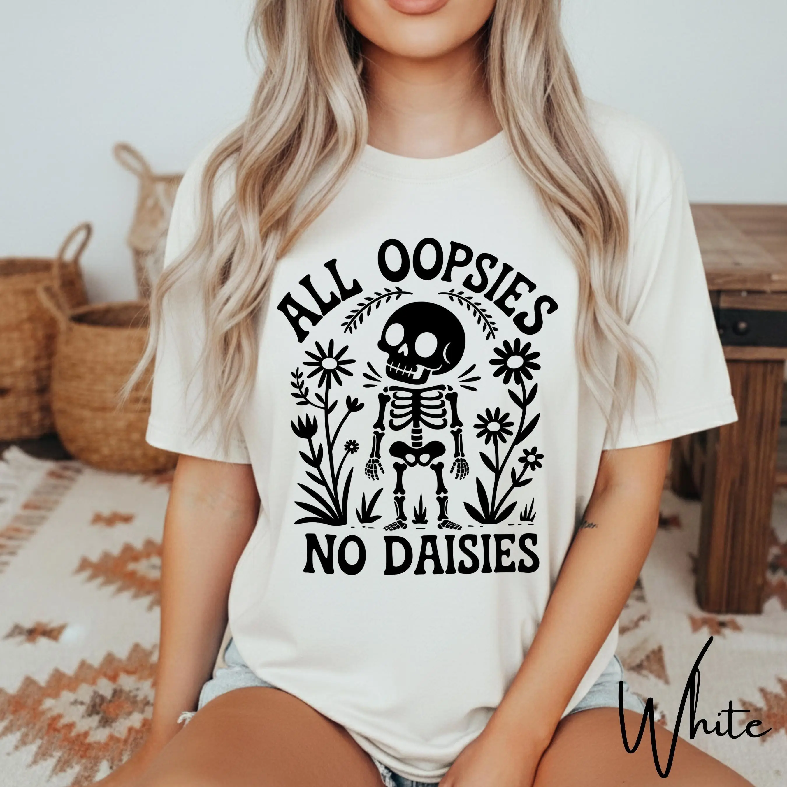 Comfort Colors 1717 All Oopsies No Daisies Shirt, Skeleton Floral Skull Spooky Cute Halloween Tee - photo 2