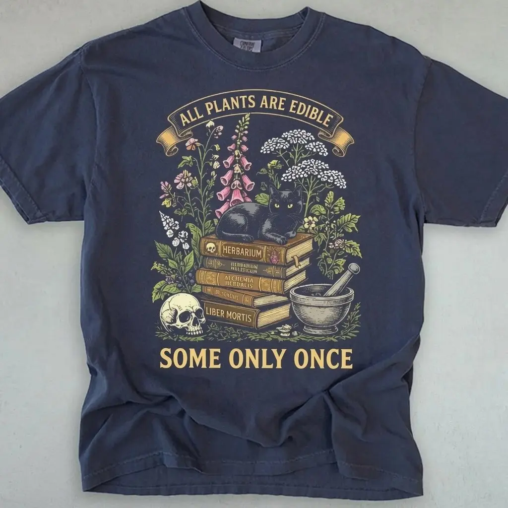 All Plants Are Edible Some Only Once Shirt, Funny Botanical Skull And Cat Tee, Dark Graphic Tshirt - photo 2