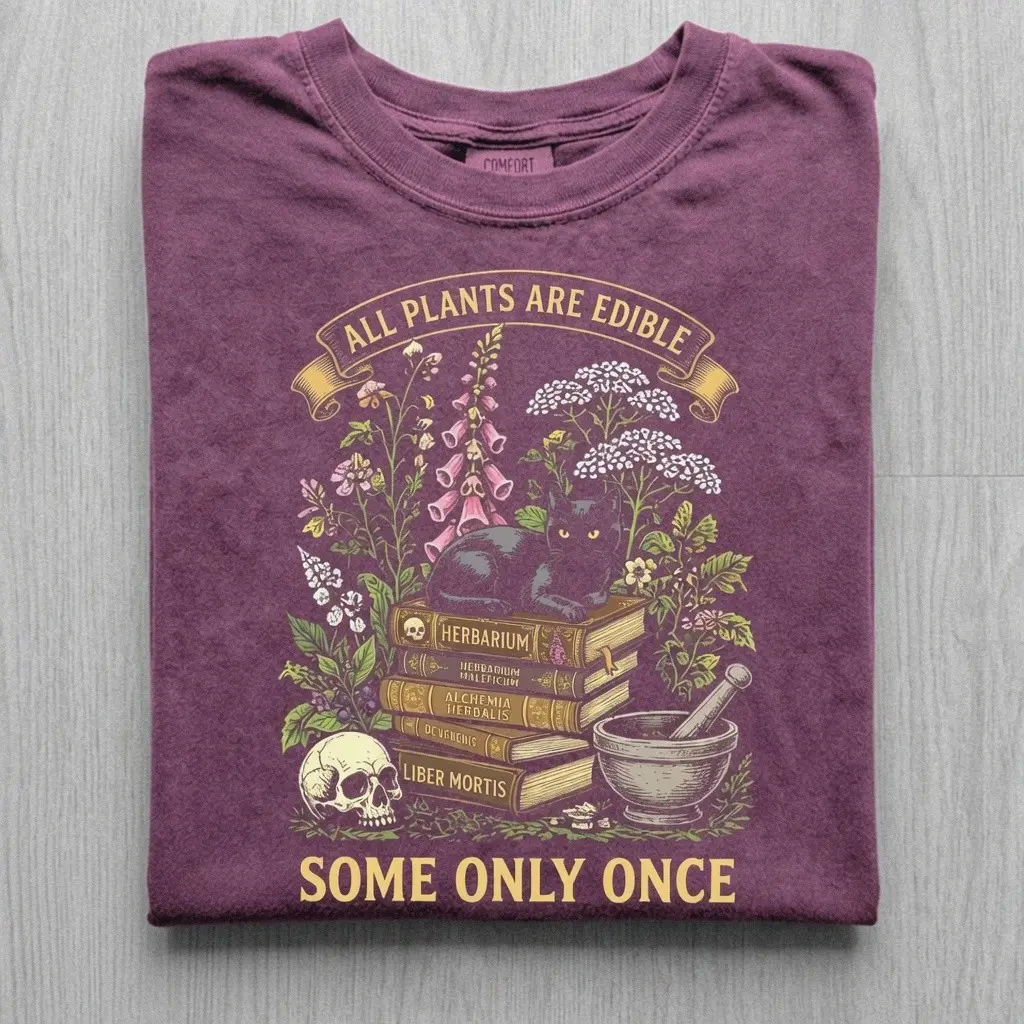 All Plants Are Edible Some Only Once Shirt, Funny Botanical Skull And Cat Tee, Dark Graphic Tshirt - photo 3