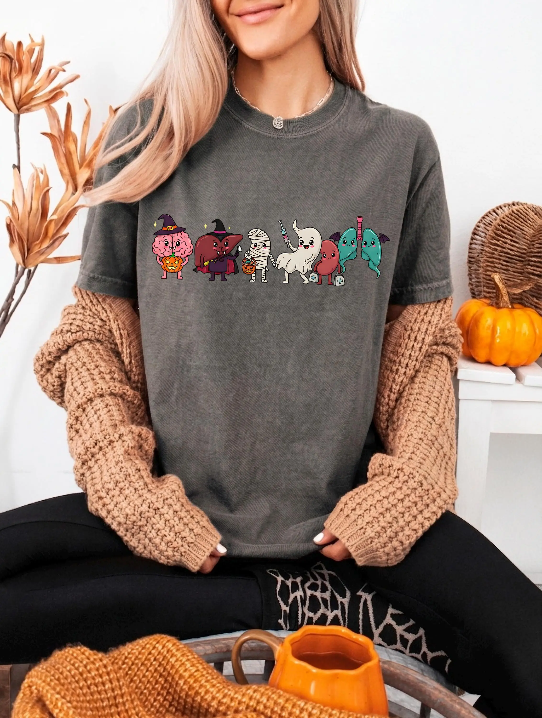 Comfort Colors Anatomy Halloween Shirt, Cute Happy Nurse Life Spooky Season Fall Medical Graphic Tee - photo 3