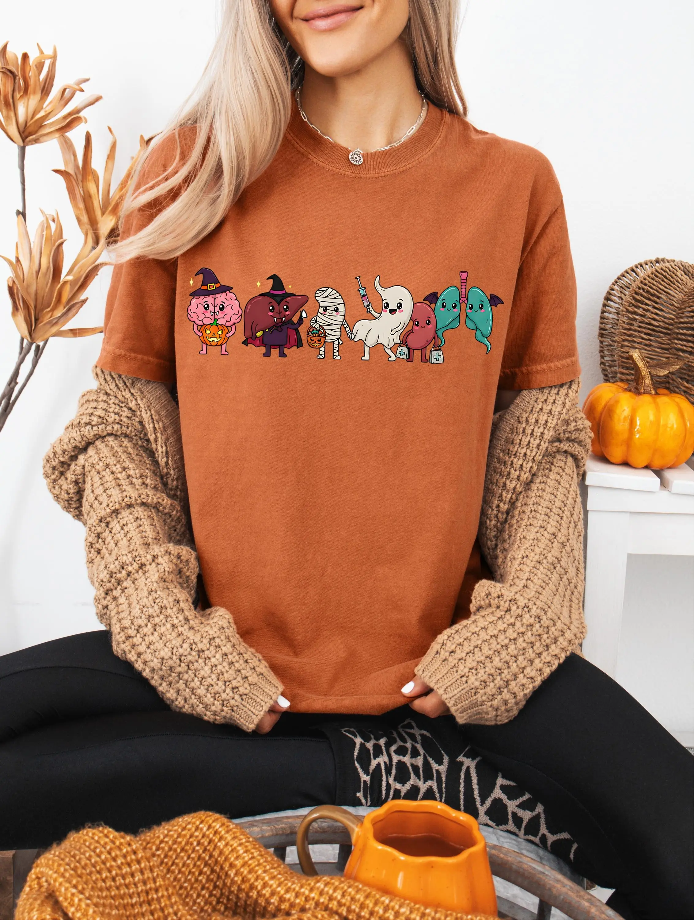 Comfort Colors Anatomy Halloween Shirt, Cute Happy Nurse Life Spooky Season Fall Medical Graphic Tee - photo 4