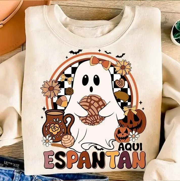 Aqui Espantan Womens Shirt, Spanish Halloween Ghost Tee, Spooky Latina Mexican Conchas Funny Graphic Top - photo 2