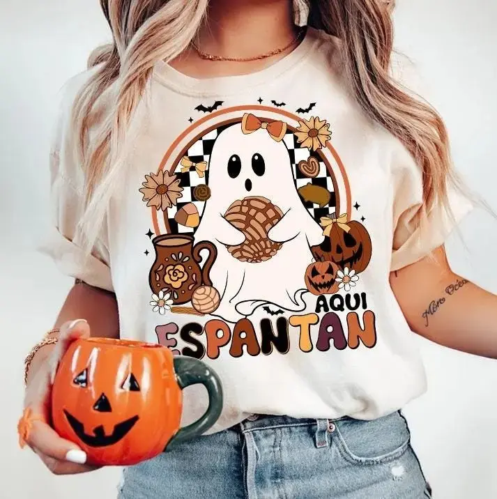 Aqui Espantan Womens Shirt, Spanish Halloween Ghost Tee, Spooky Latina Mexican Conchas Funny Graphic Top - photo 3