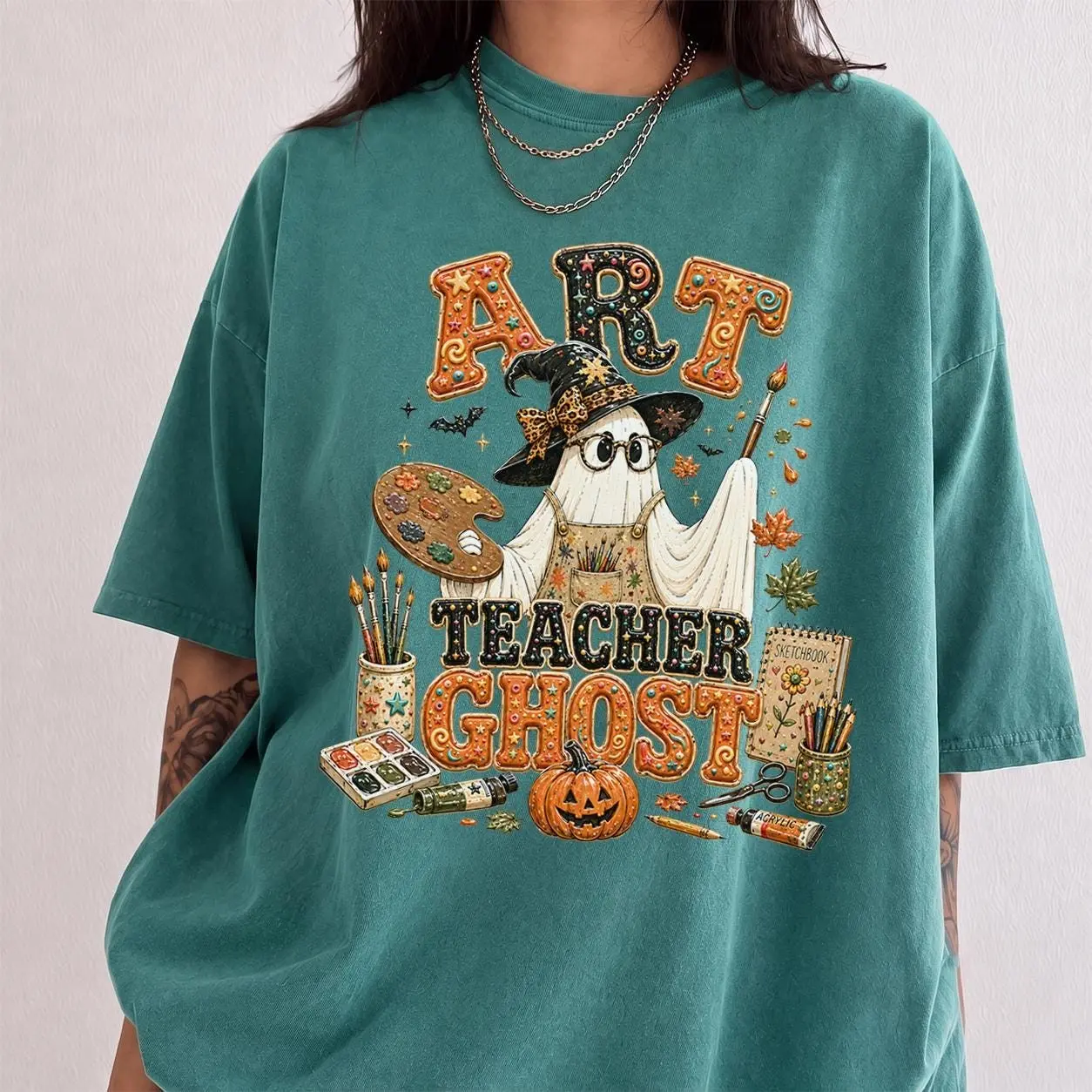 Comfort Colors Art Teacher Ghost Shirt, Puffy Letter Witch Hat Painter Pumpkin Halloween Retro Fall School Gift