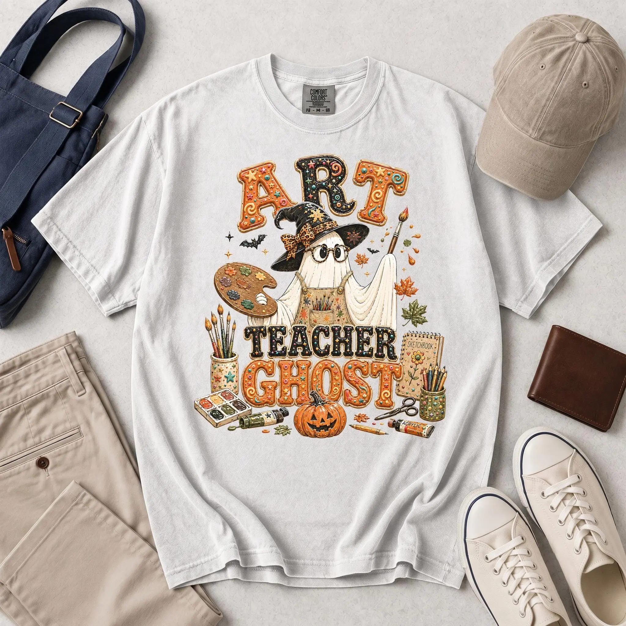 Comfort Colors Art Teacher Ghost Shirt, Puffy Letter Witch Hat Painter Pumpkin Halloween Retro Fall School Gift - photo 2
