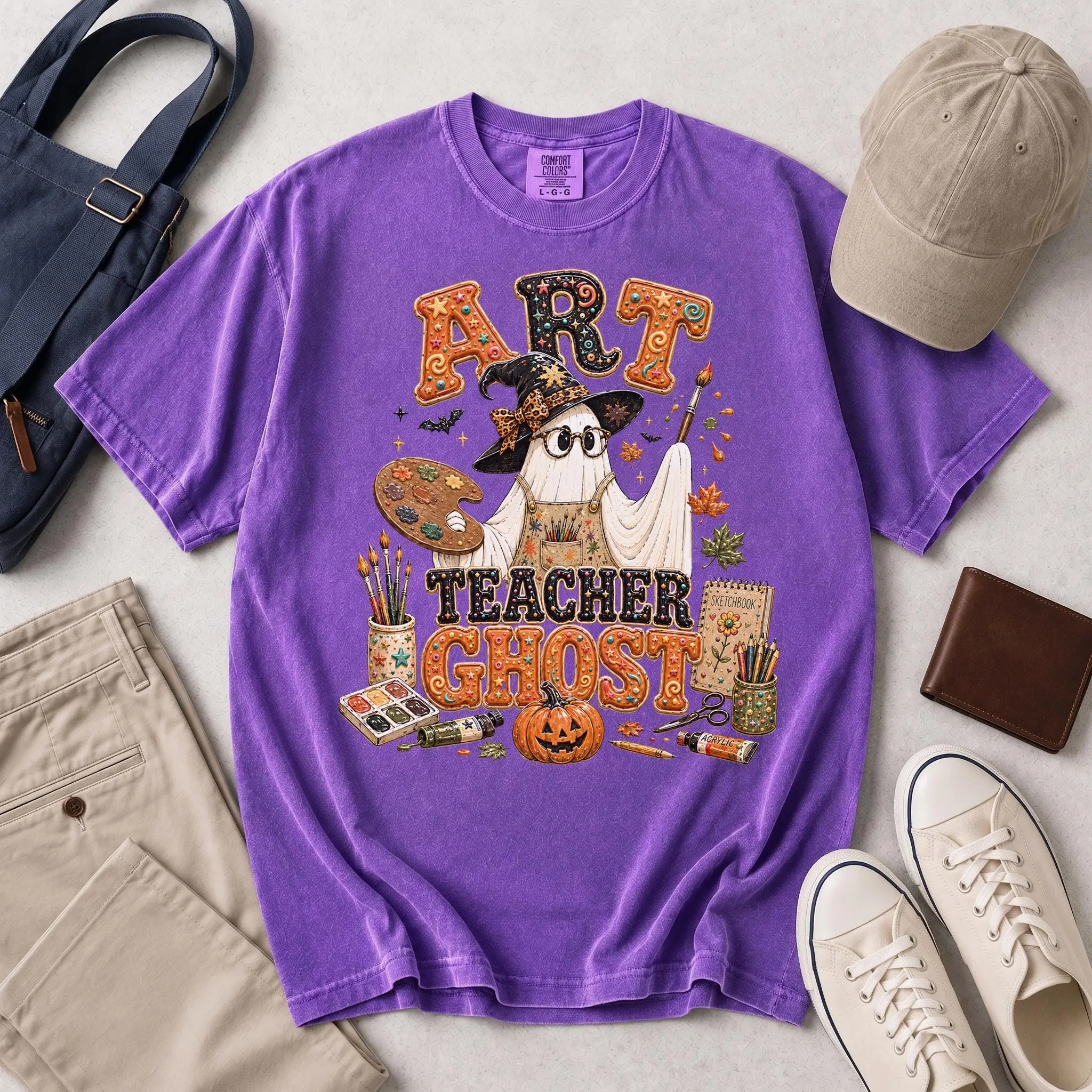 Comfort Colors Art Teacher Ghost Shirt, Puffy Letter Witch Hat Painter Pumpkin Halloween Retro Fall School Gift - photo 3