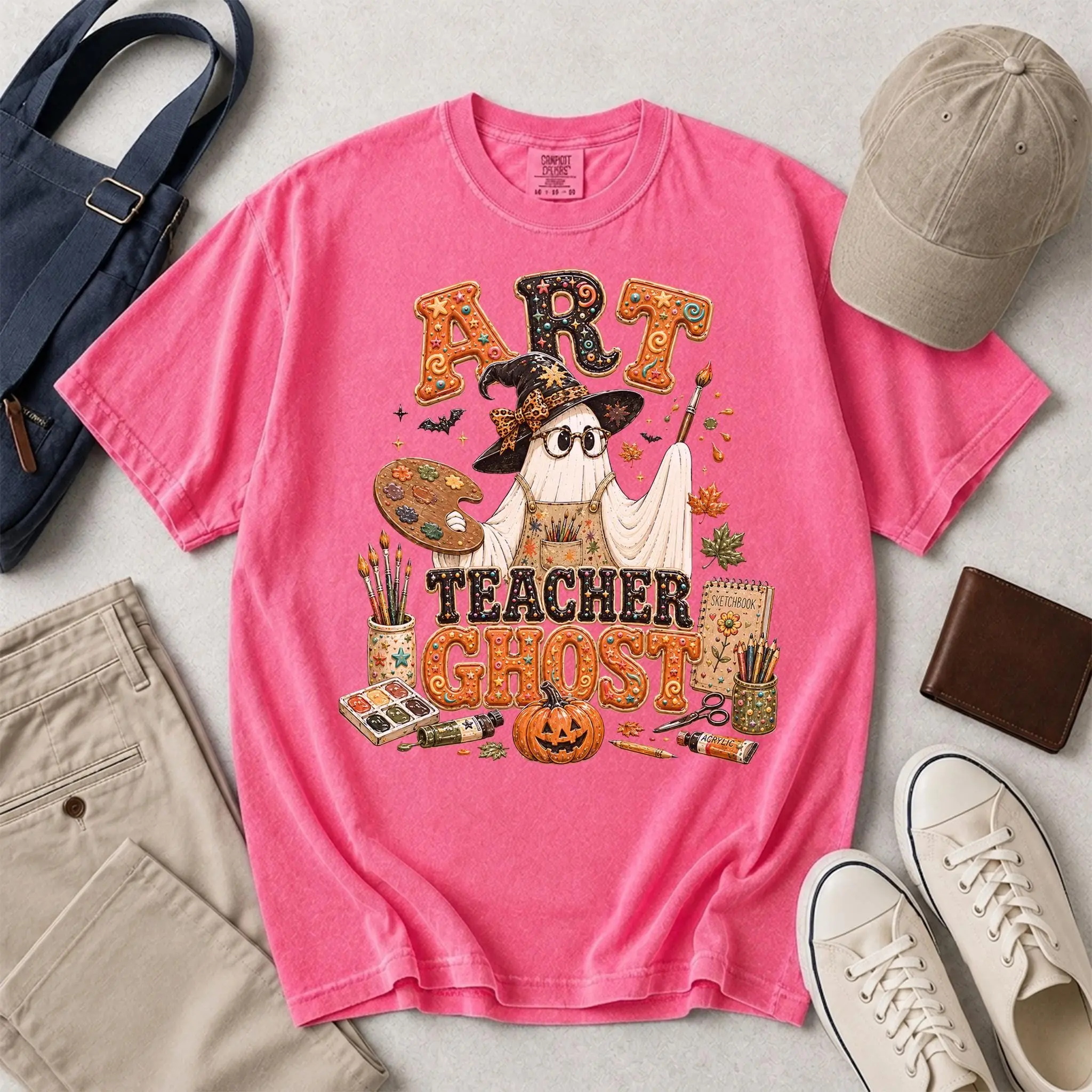 Comfort Colors Art Teacher Ghost Shirt, Puffy Letter Witch Hat Painter Pumpkin Halloween Retro Fall School Gift - photo 4