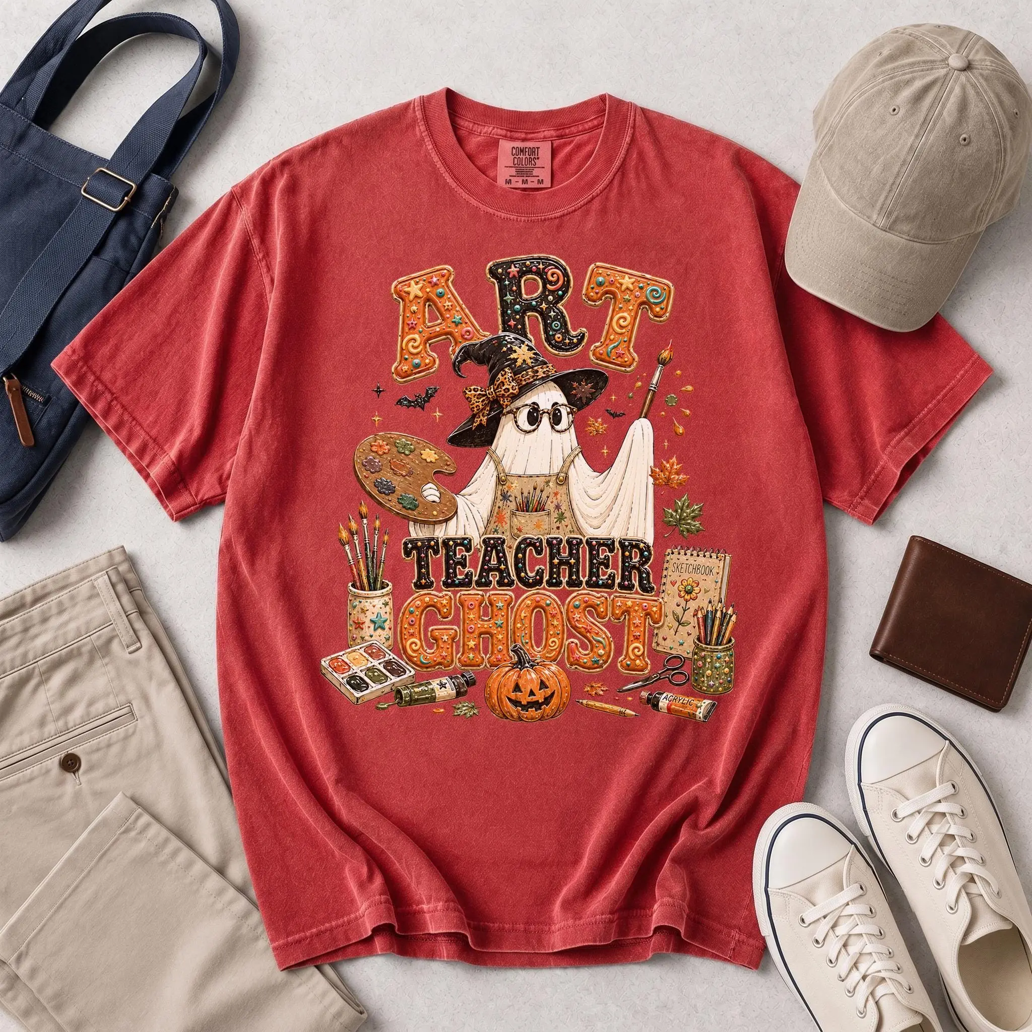 Comfort Colors Art Teacher Ghost Shirt, Puffy Letter Witch Hat Painter Pumpkin Halloween Retro Fall School Gift - photo 5