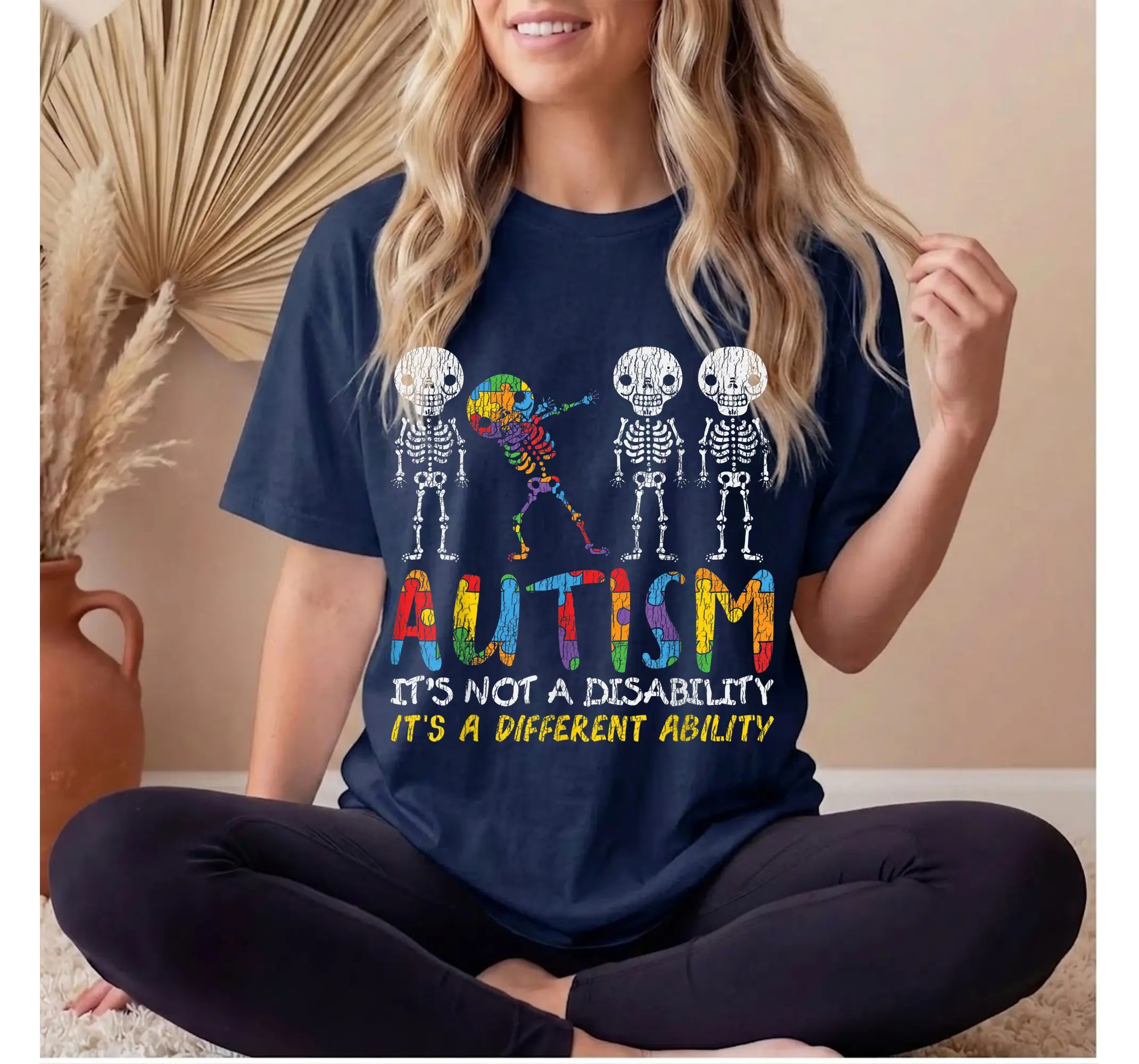 Autism Awareness Dabbing Skeleton Shirt, Neurodivergent Kids Graphic Tee - photo 2