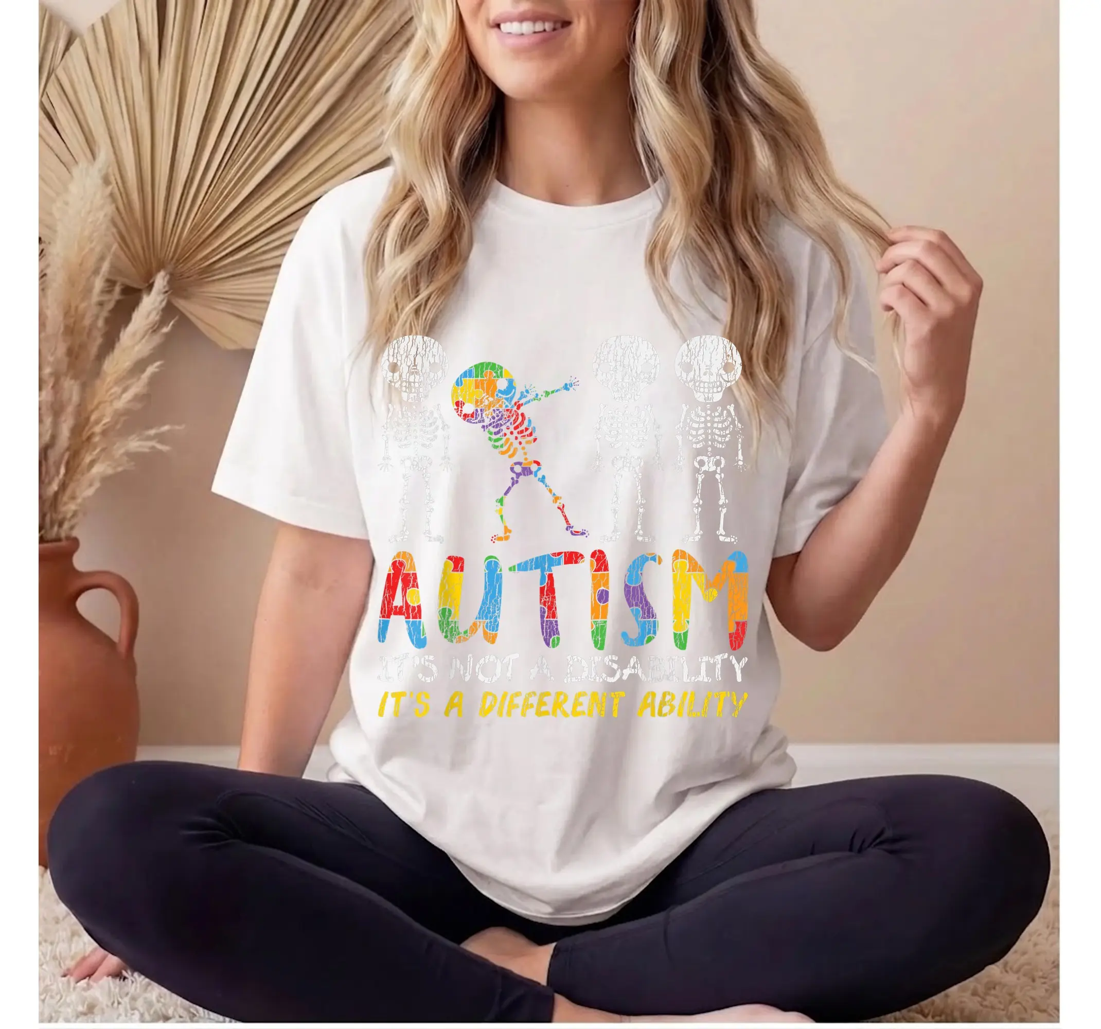 Autism Awareness Dabbing Skeleton Shirt, Neurodivergent Kids Graphic Tee - photo 3