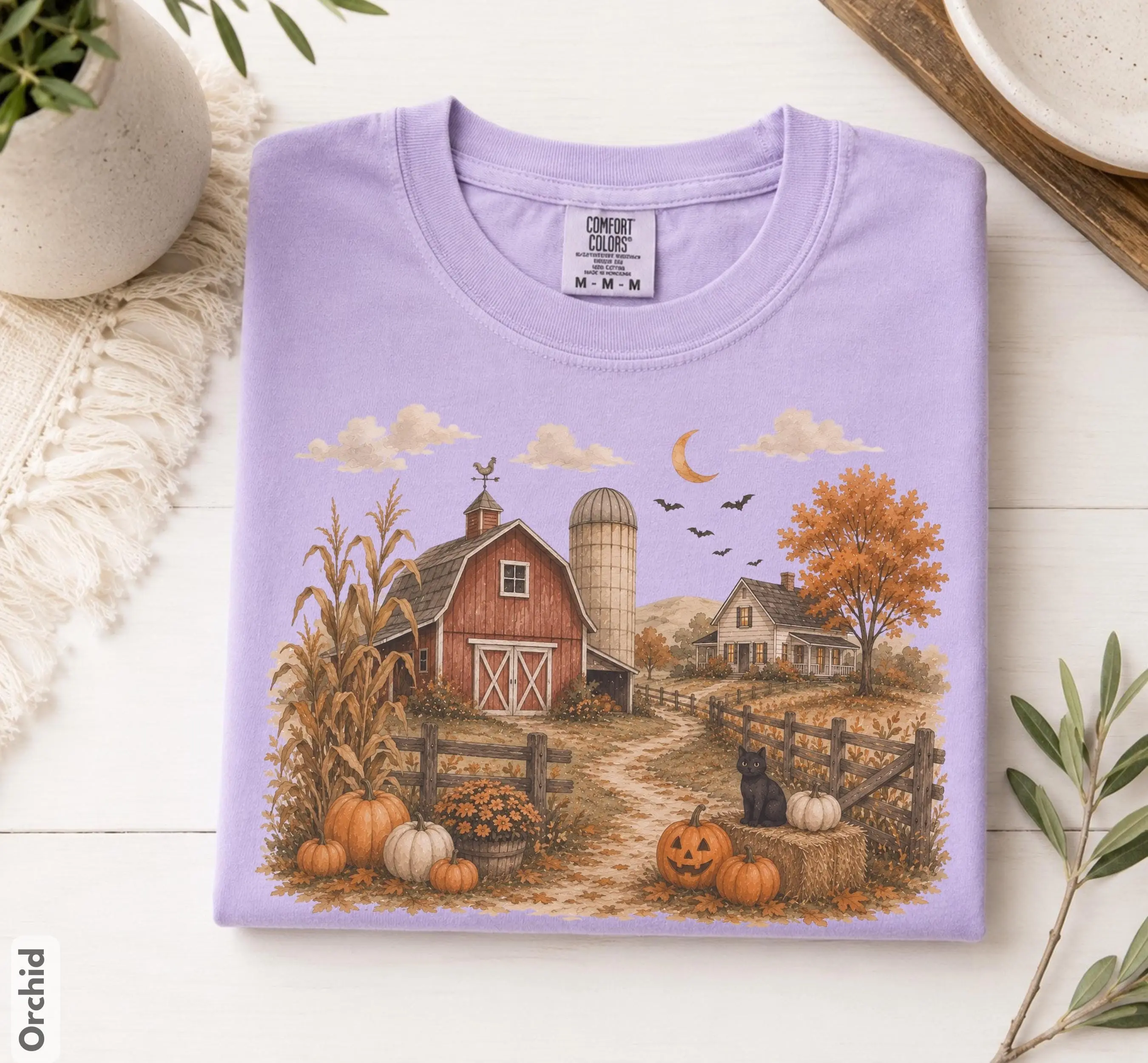 Autumn Barn Shirt, Fall Farm Landscape Tee, Cozy Country Halloween Graphic, Adult and Youth Sizes