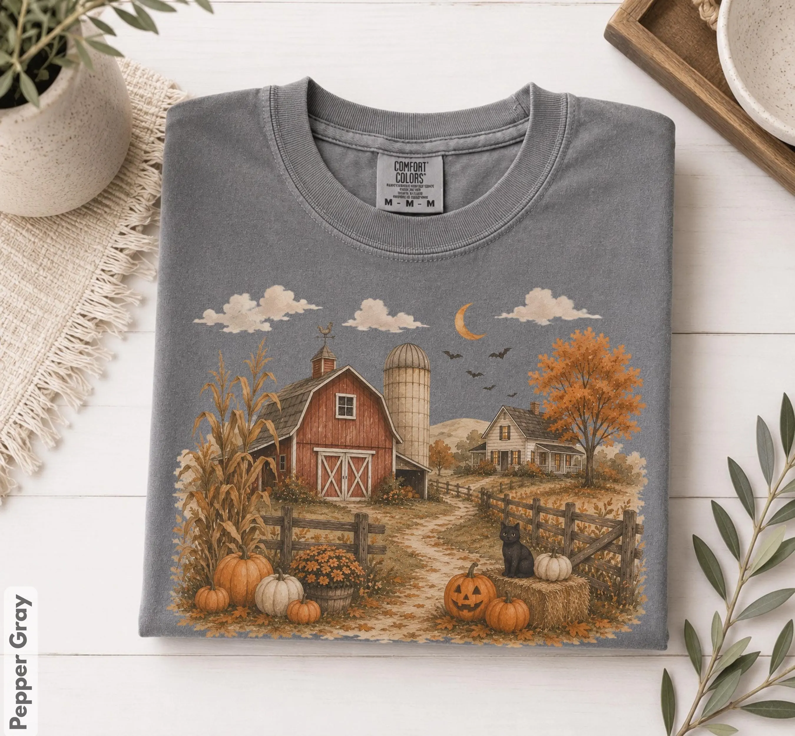 Autumn Barn Shirt, Fall Farm Landscape Tee, Cozy Country Halloween Graphic, Adult and Youth Sizes - photo 2