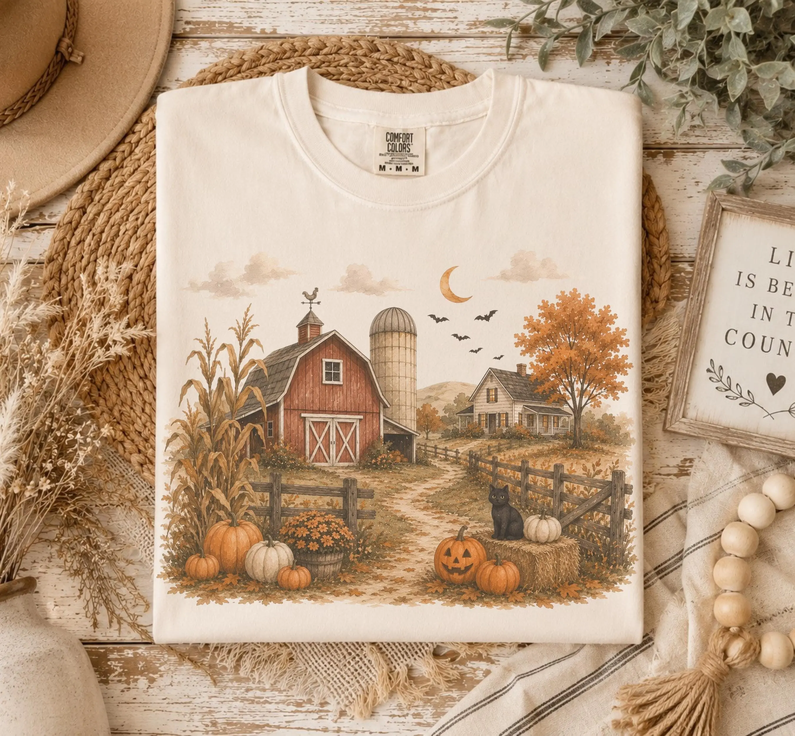 Autumn Barn Shirt, Fall Farm Landscape Tee, Cozy Country Halloween Graphic, Adult and Youth Sizes - photo 3