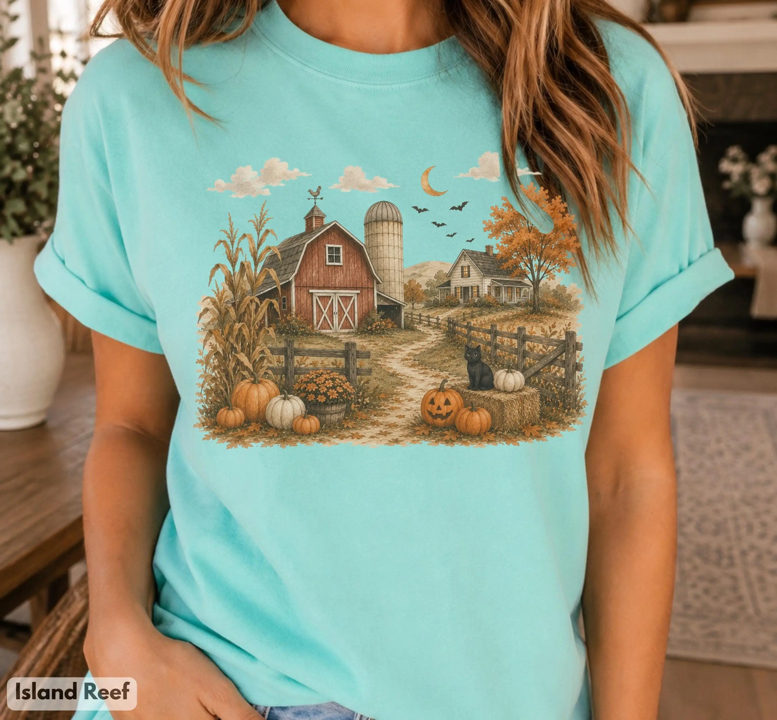 Autumn Barn Shirt, Fall Farm Landscape Tee, Cozy Country Halloween Graphic, Adult and Youth Sizes - photo 5
