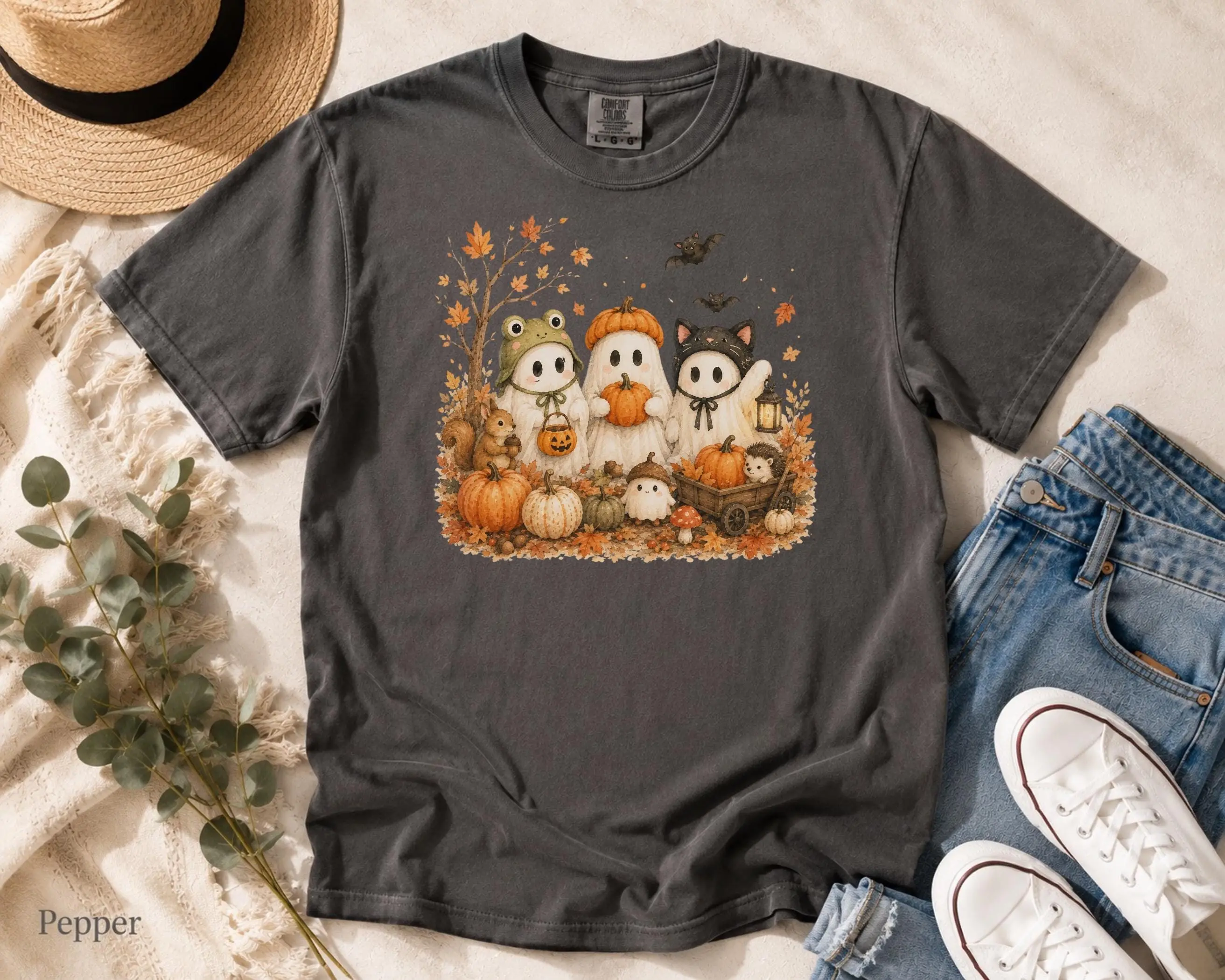 Autumn Ghost Shirt, Watercolor Halloween Costume Tee, Comfort Colors Fall Graphic - photo 2
