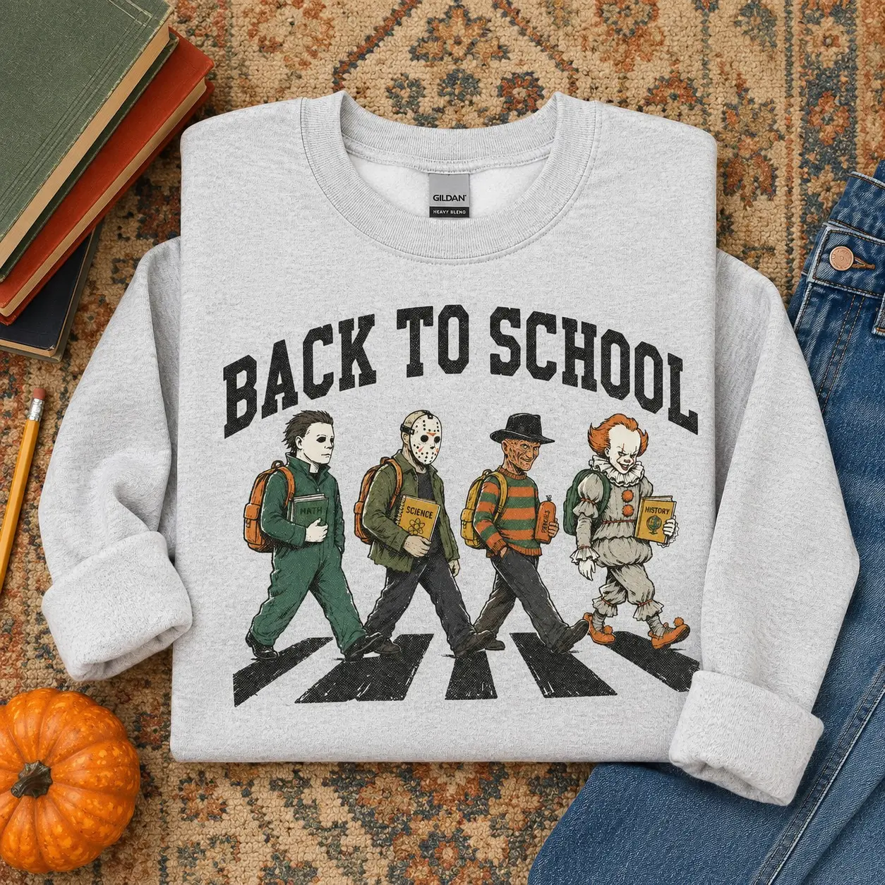 Back to School Horror Hoodie, Retro Vintage Halloween Character Spooky Teacher Pullover - photo 4