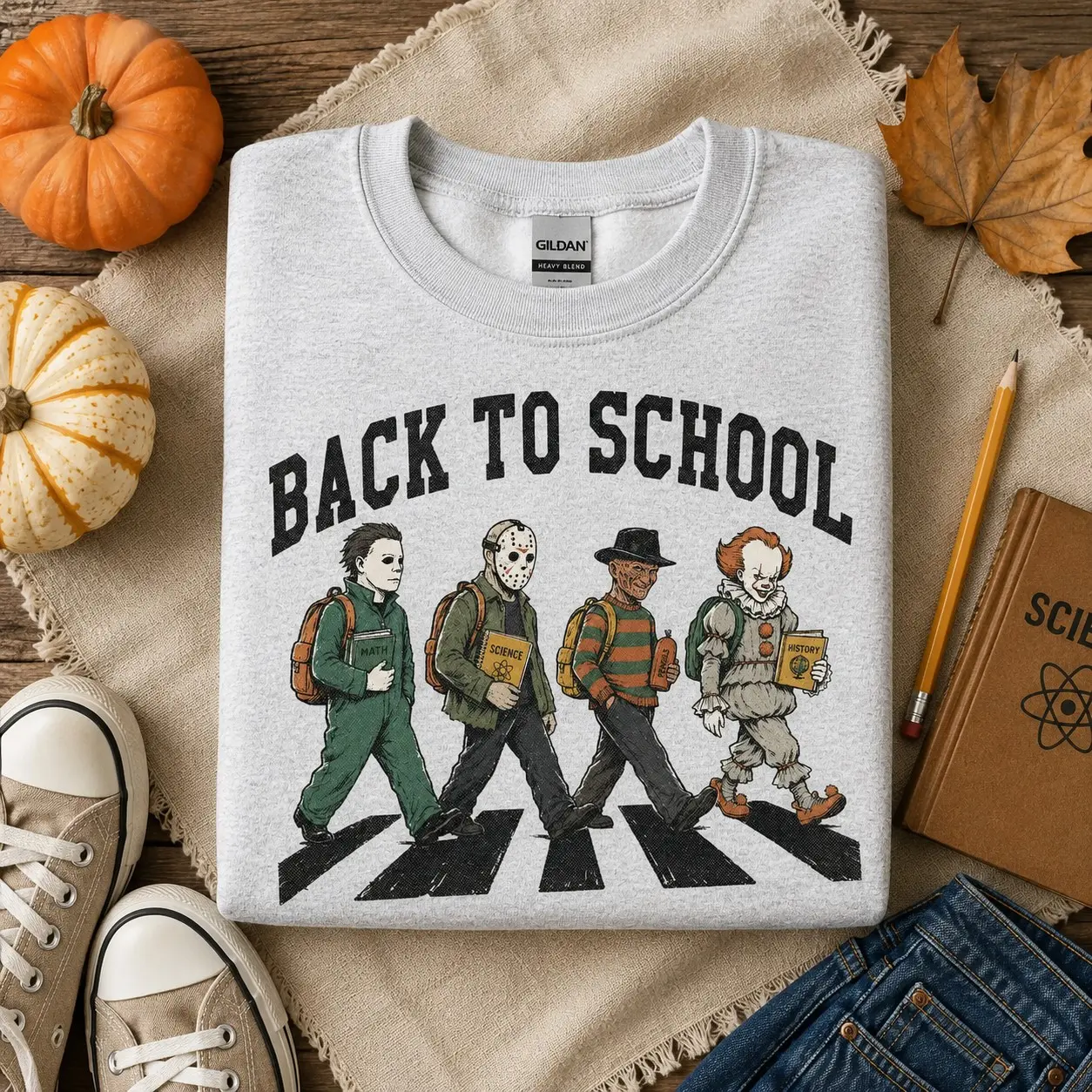 Back to School Horror Sweatshirt, Retro Vintage Halloween Character Spooky Teacher Crewneck - photo 2