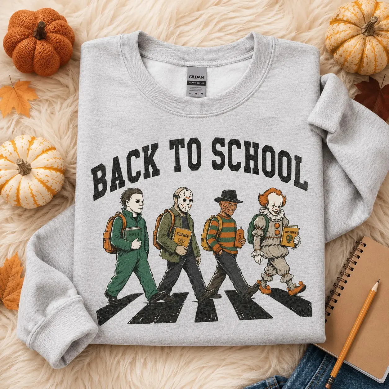 Back to School Horror Sweatshirt, Retro Vintage Halloween Character Spooky Teacher Crewneck - photo 3