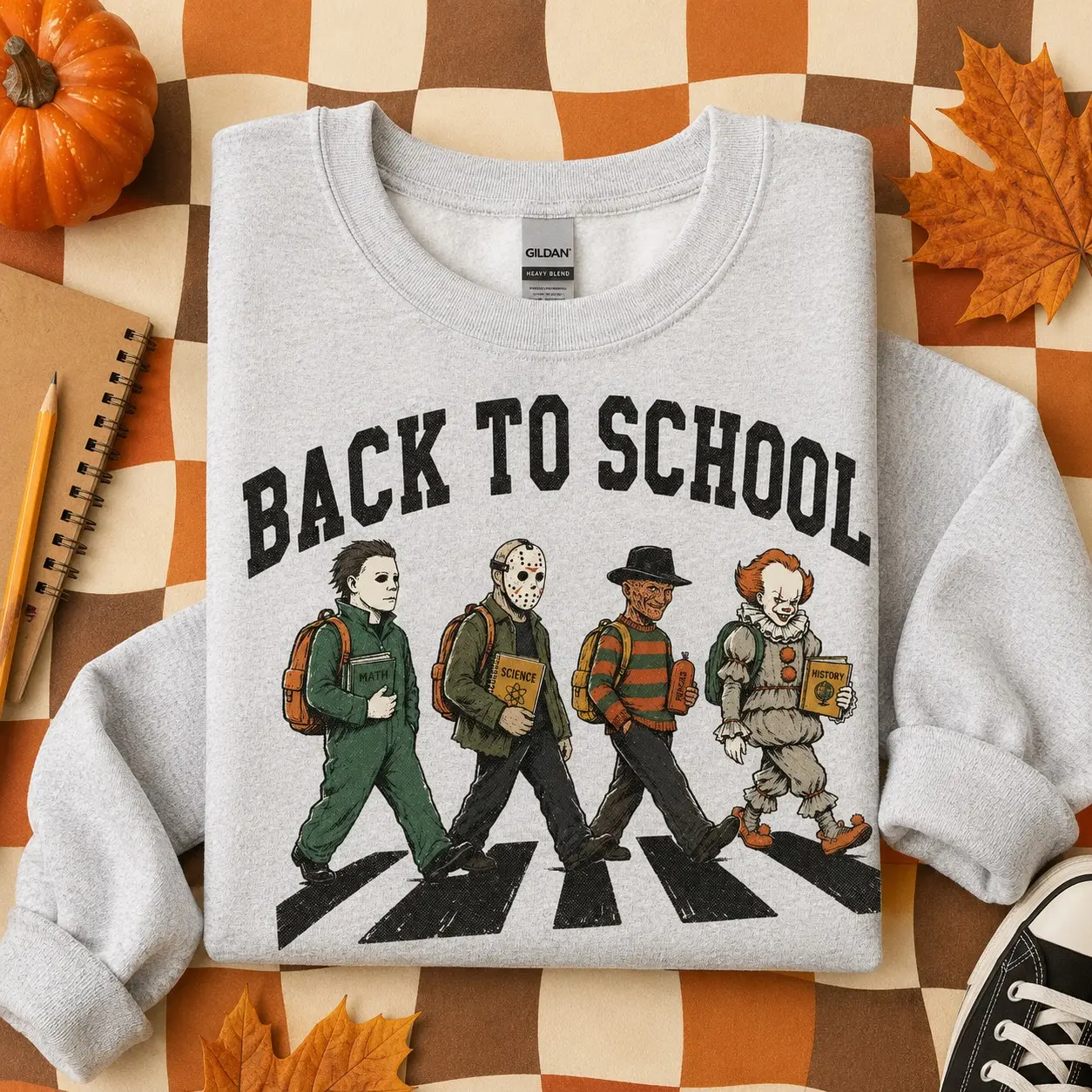 Back to School Horror Sweatshirt, Retro Vintage Halloween Character Spooky Teacher Crewneck - photo 5