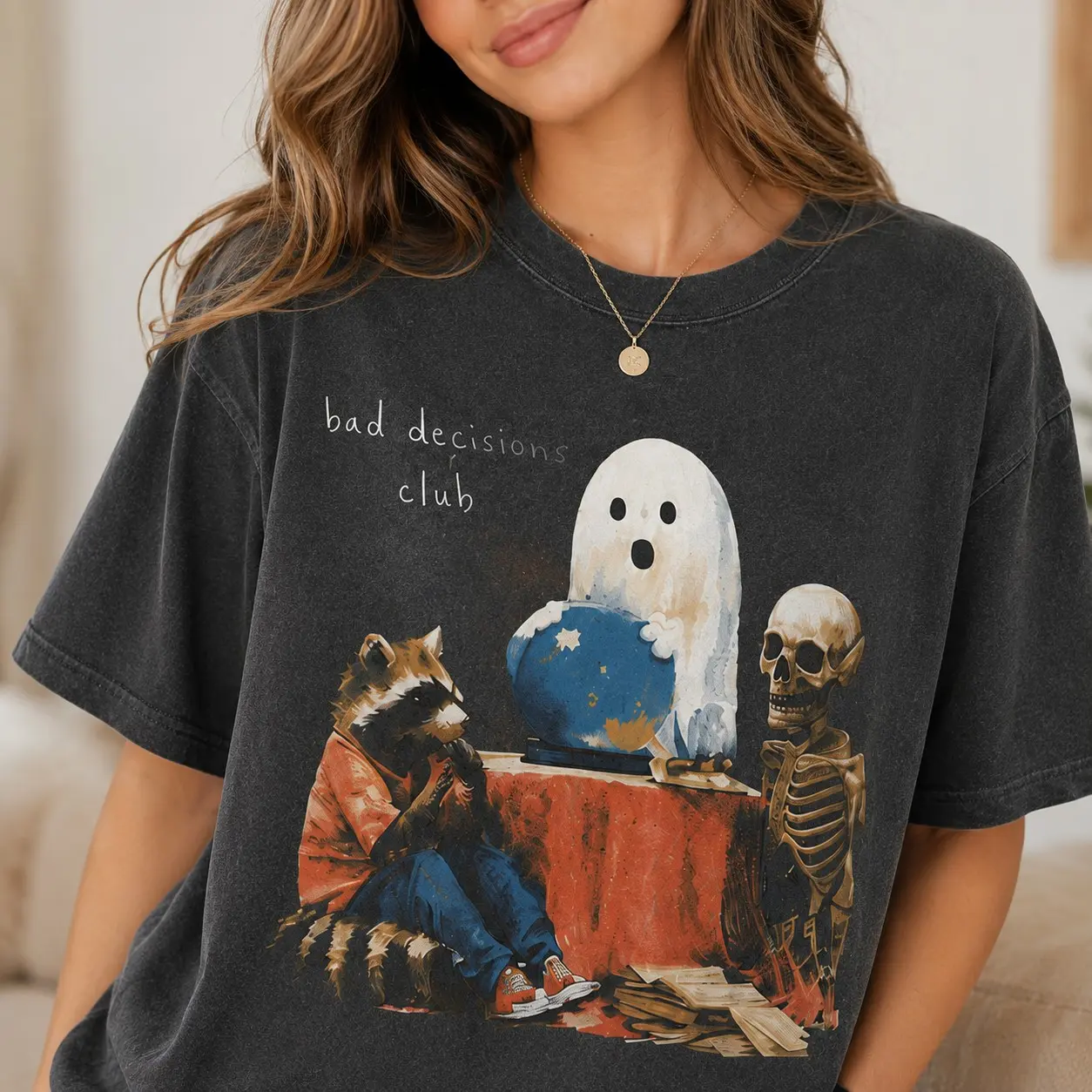Bad Decisions Club Halloween Shirt, Vintage Ghost Raccoon Skeleton Oversized Washed Black Unisex Fall Tee