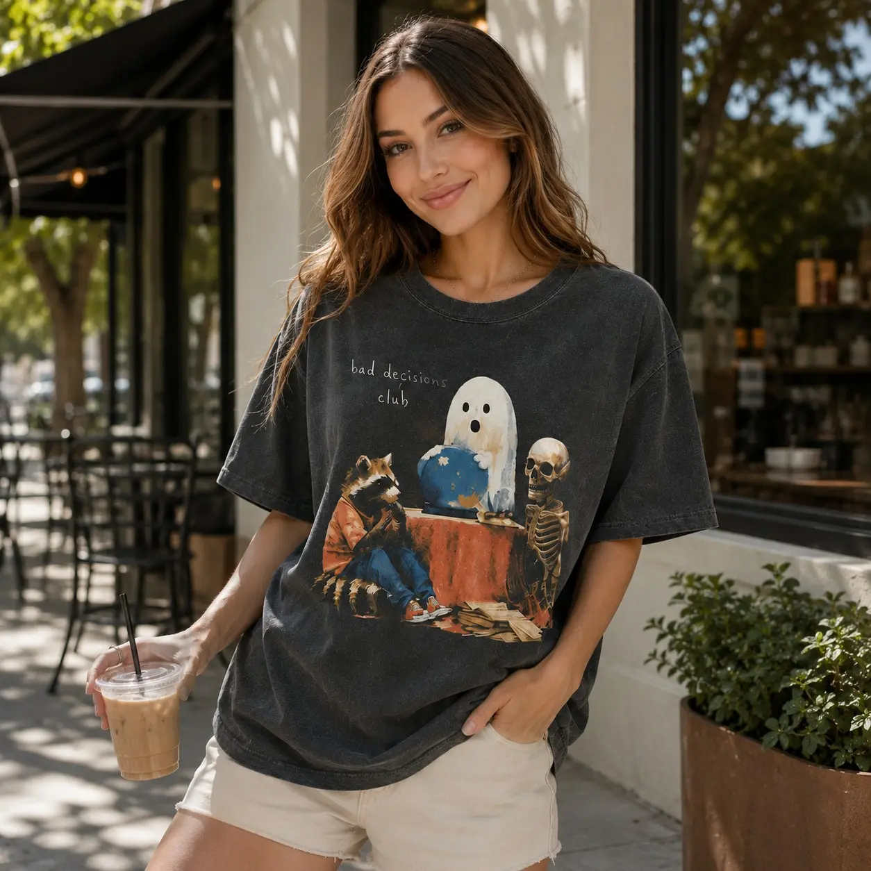 Bad Decisions Club Halloween Shirt, Vintage Ghost Raccoon Skeleton Oversized Washed Black Unisex Fall Tee - photo 2