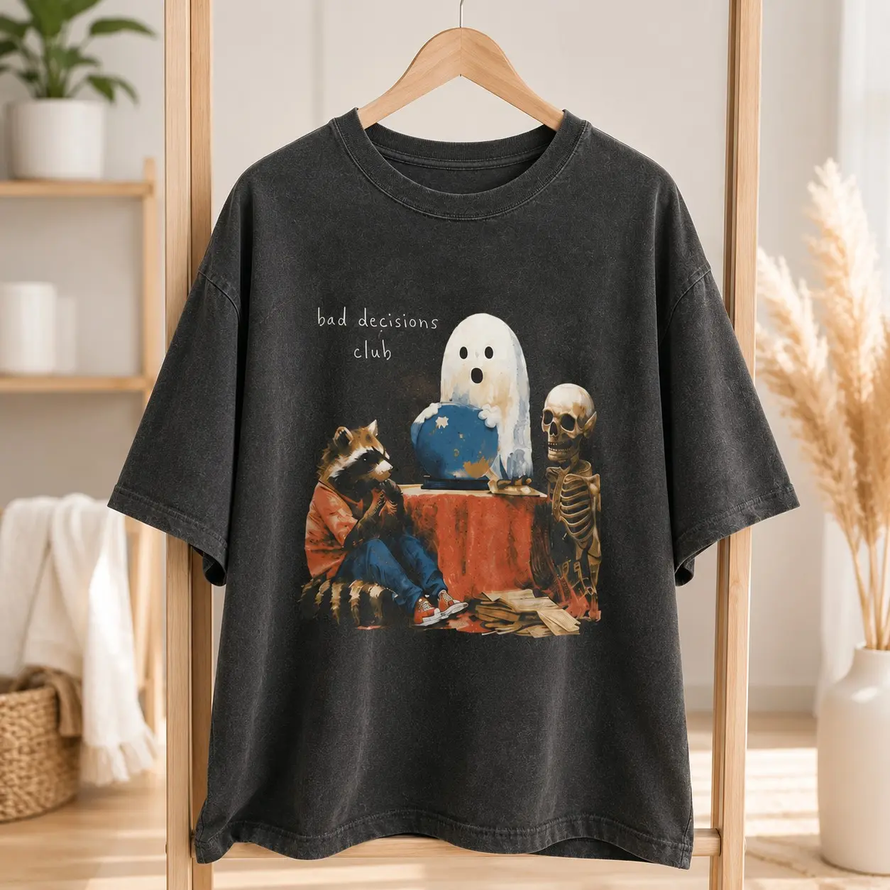 Bad Decisions Club Halloween Shirt, Vintage Ghost Raccoon Skeleton Oversized Washed Black Unisex Fall Tee - photo 3