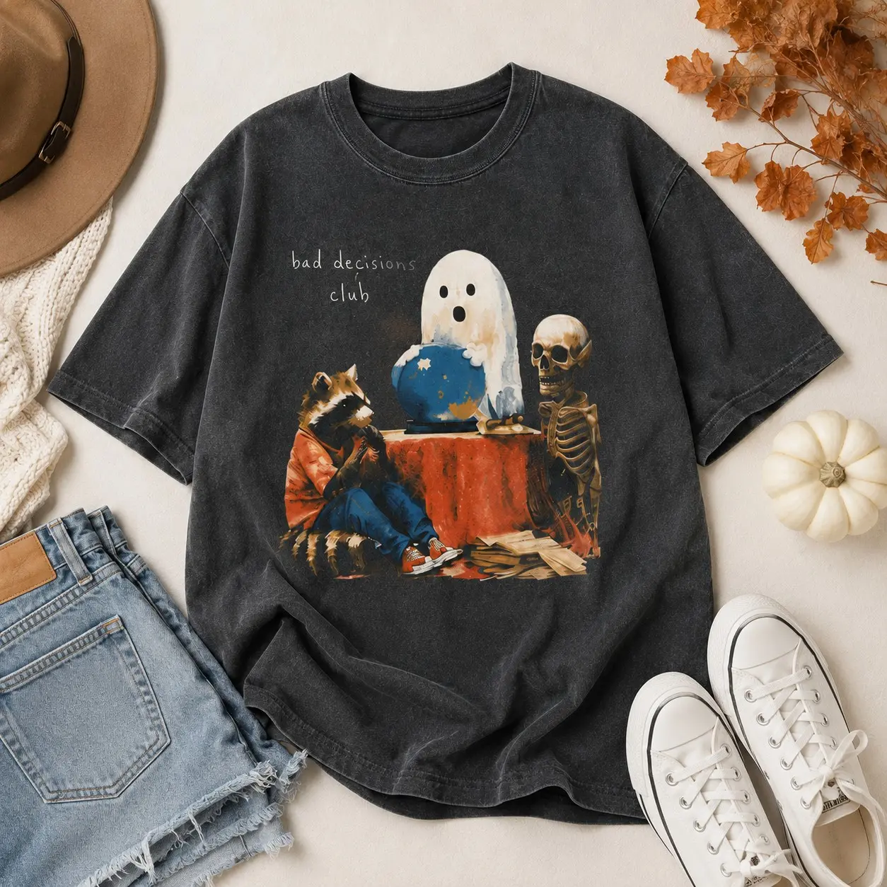 Bad Decisions Club Halloween Shirt, Vintage Ghost Raccoon Skeleton Oversized Washed Black Unisex Fall Tee - photo 4