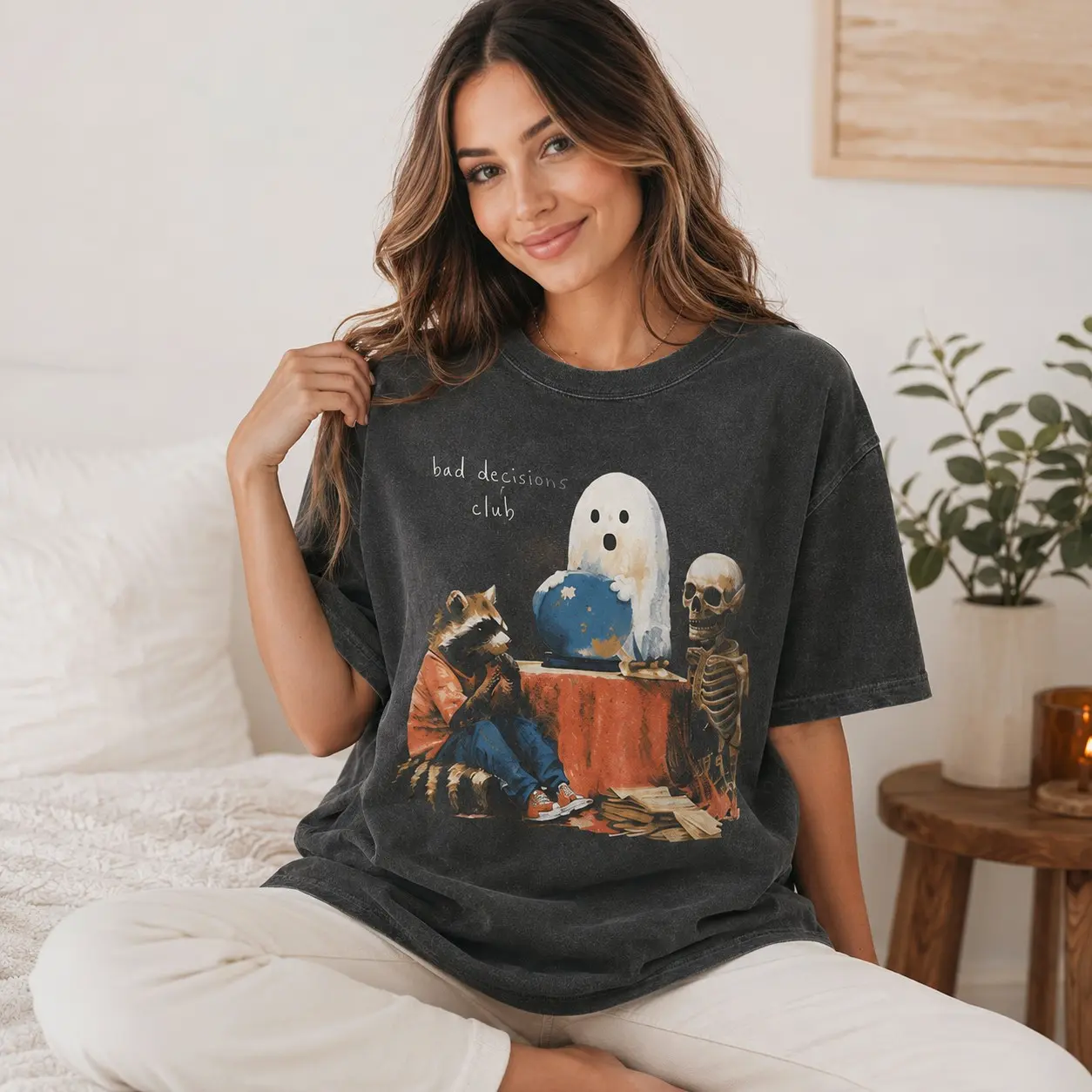 Bad Decisions Club Halloween Shirt, Vintage Ghost Raccoon Skeleton Oversized Washed Black Unisex Fall Tee - photo 5