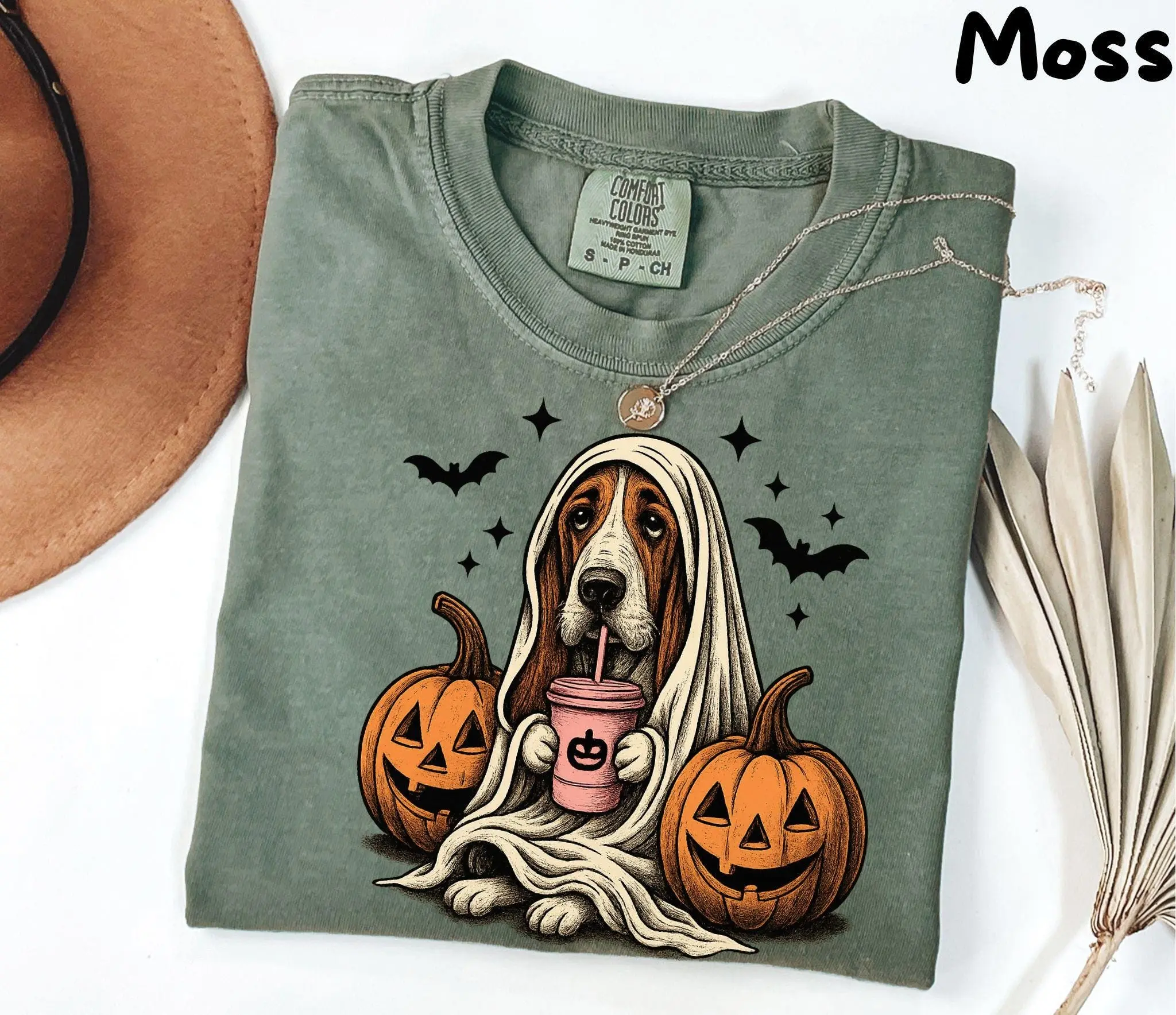 Basset Hound Ghost T-Shirt, Retro Halloween Dog Graphic Tee, Funny Cute Gift for Women and Men - photo 3