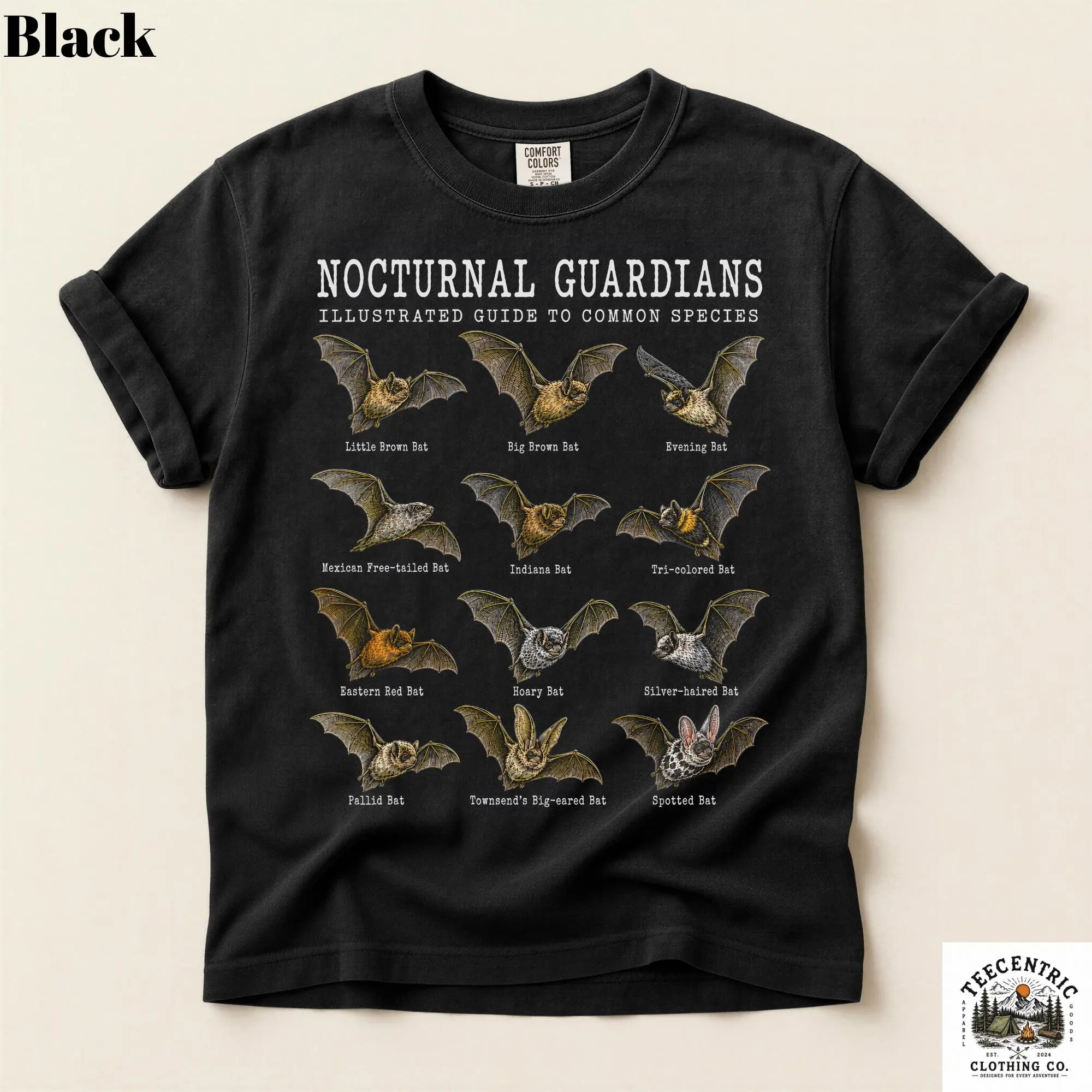 Bat Species Field Guide Shirt, Comfort Colors Vintage Chiroptera Chart Nocturnal Conservation Lover Womens Tee