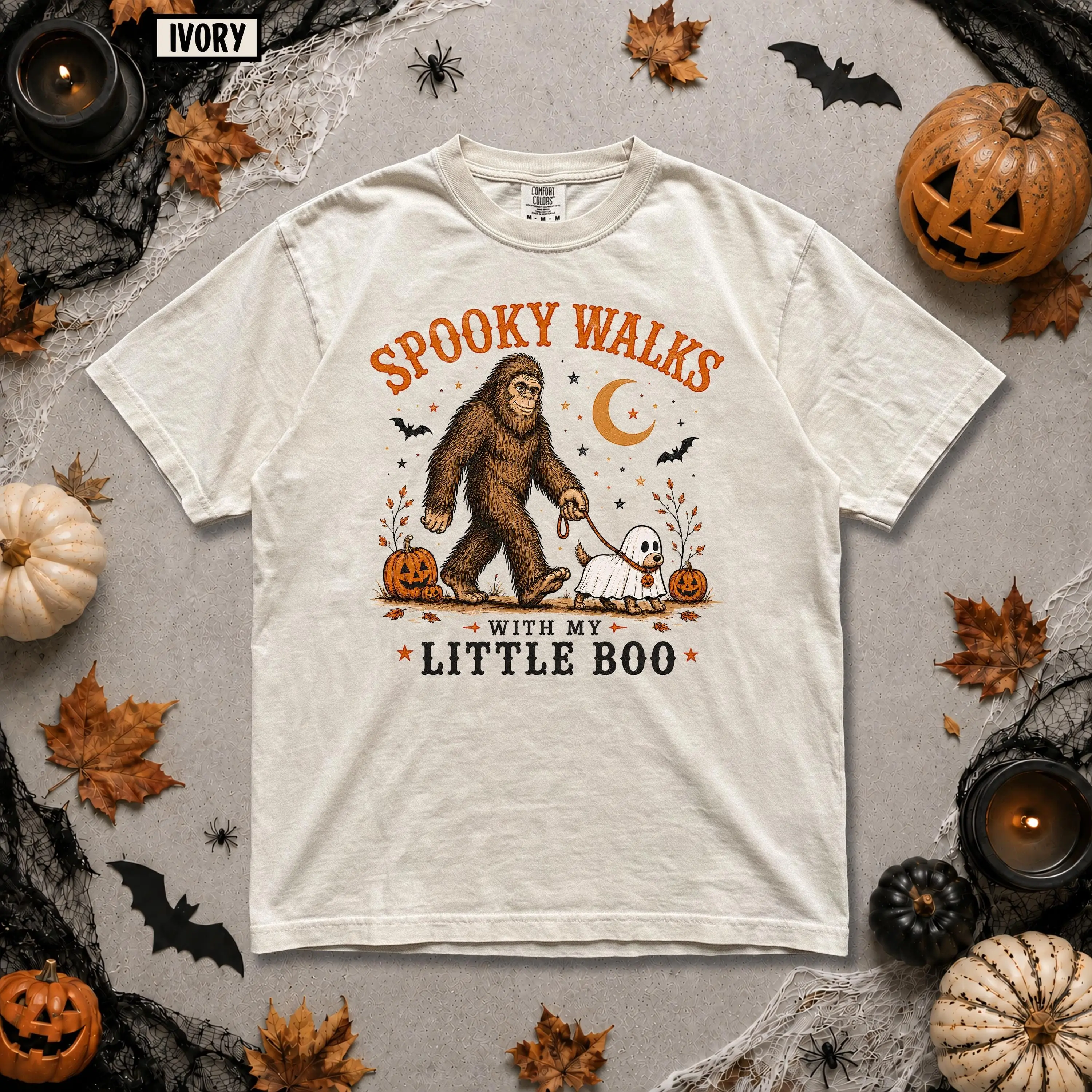 Comfort Colors Spooky Walks With My Little Boo Bigfoot Shirt, Ghost Dog Sasquatch Cryptid Halloween Tee