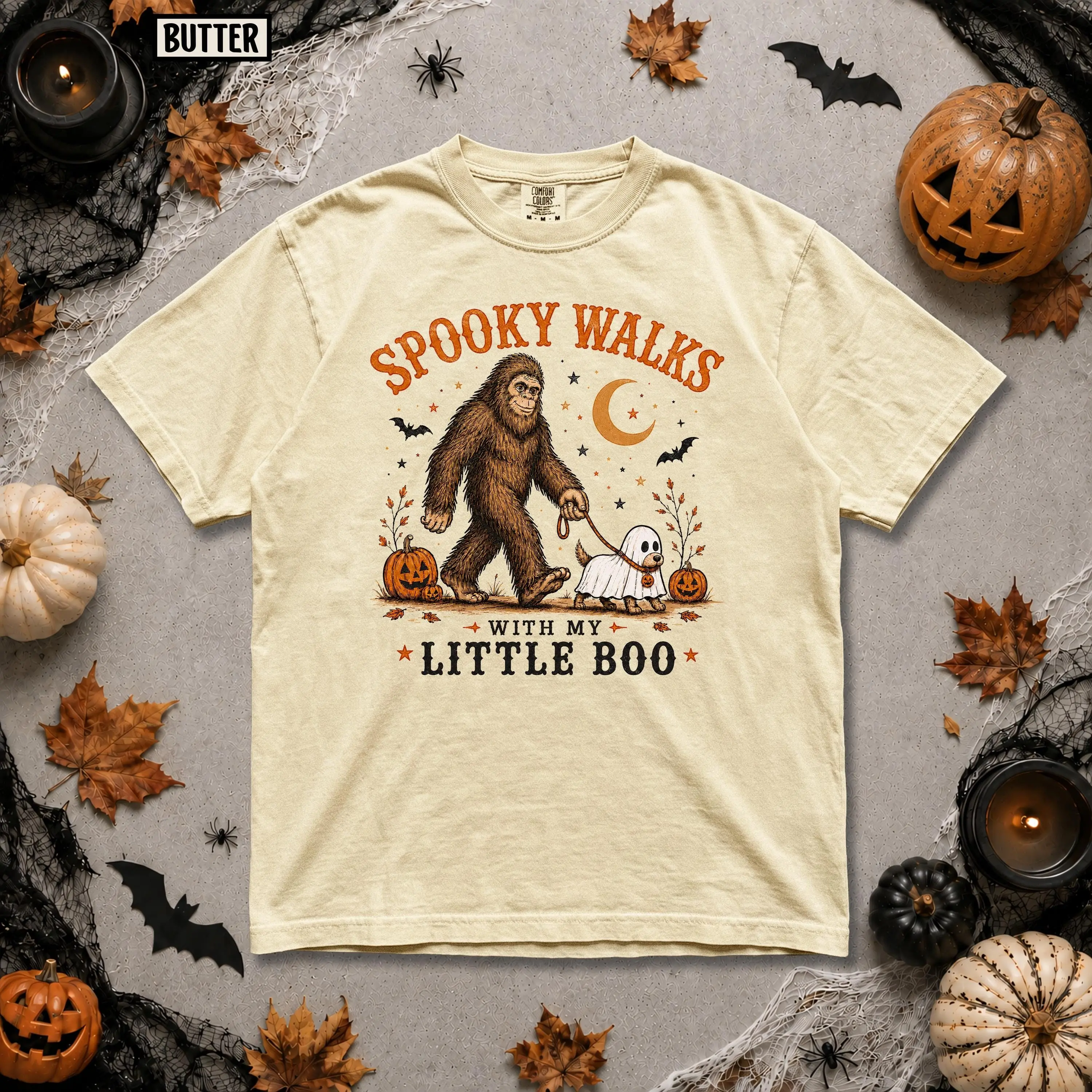 Comfort Colors Spooky Walks With My Little Boo Bigfoot Shirt, Ghost Dog Sasquatch Cryptid Halloween Tee - photo 2