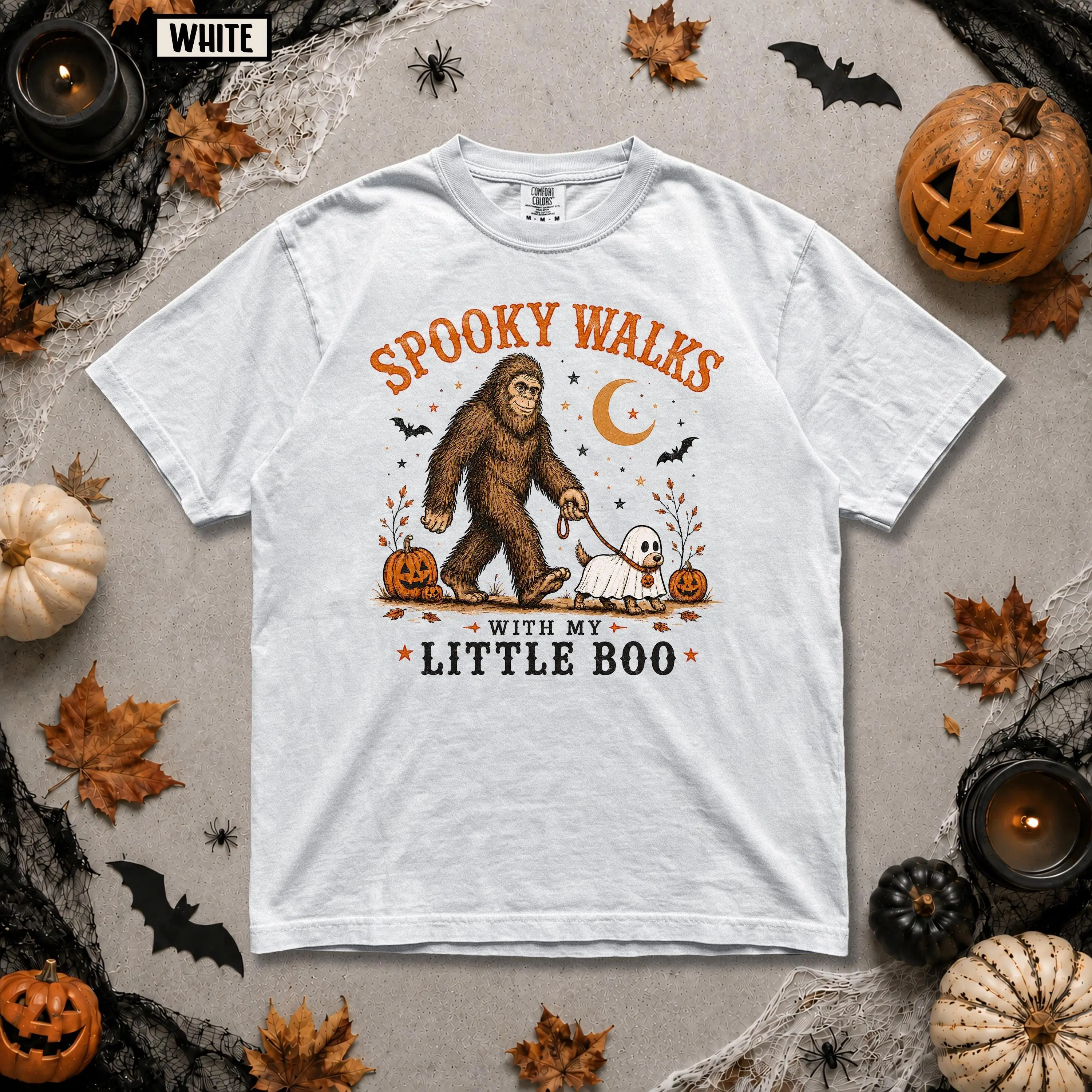 Comfort Colors Spooky Walks With My Little Boo Bigfoot Shirt, Ghost Dog Sasquatch Cryptid Halloween Tee - photo 3