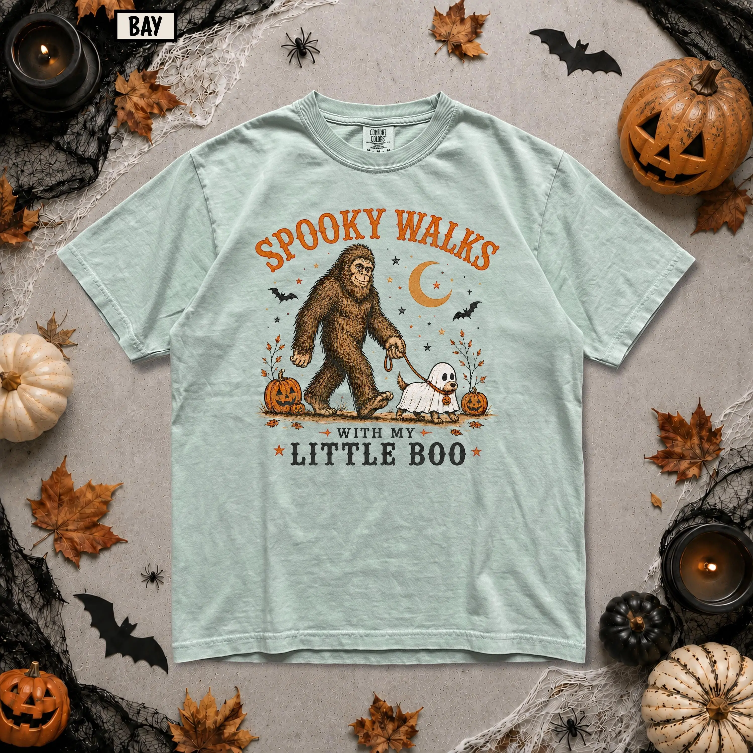 Comfort Colors Spooky Walks With My Little Boo Bigfoot Shirt, Ghost Dog Sasquatch Cryptid Halloween Tee - photo 4