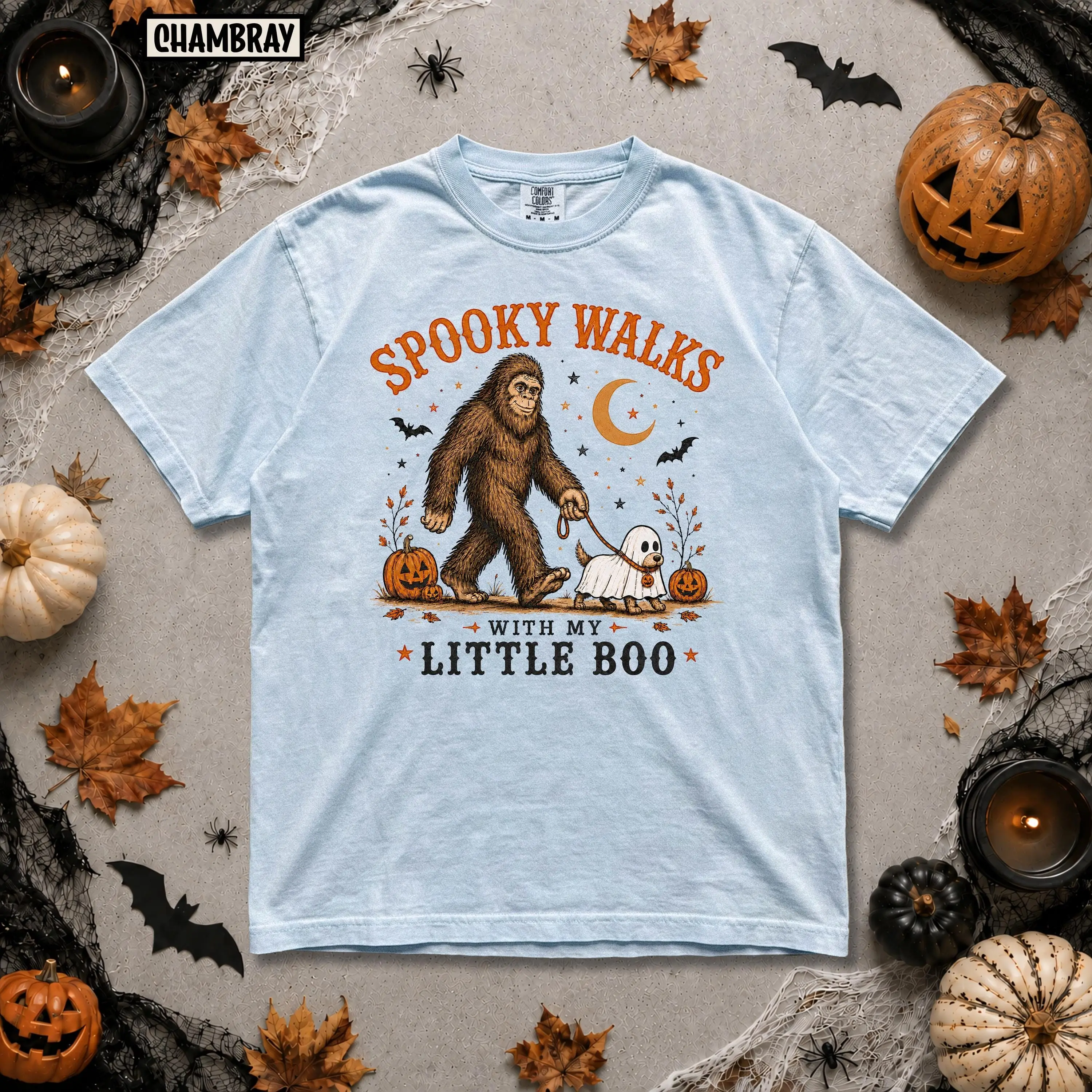 Comfort Colors Spooky Walks With My Little Boo Bigfoot Shirt, Ghost Dog Sasquatch Cryptid Halloween Tee - photo 5