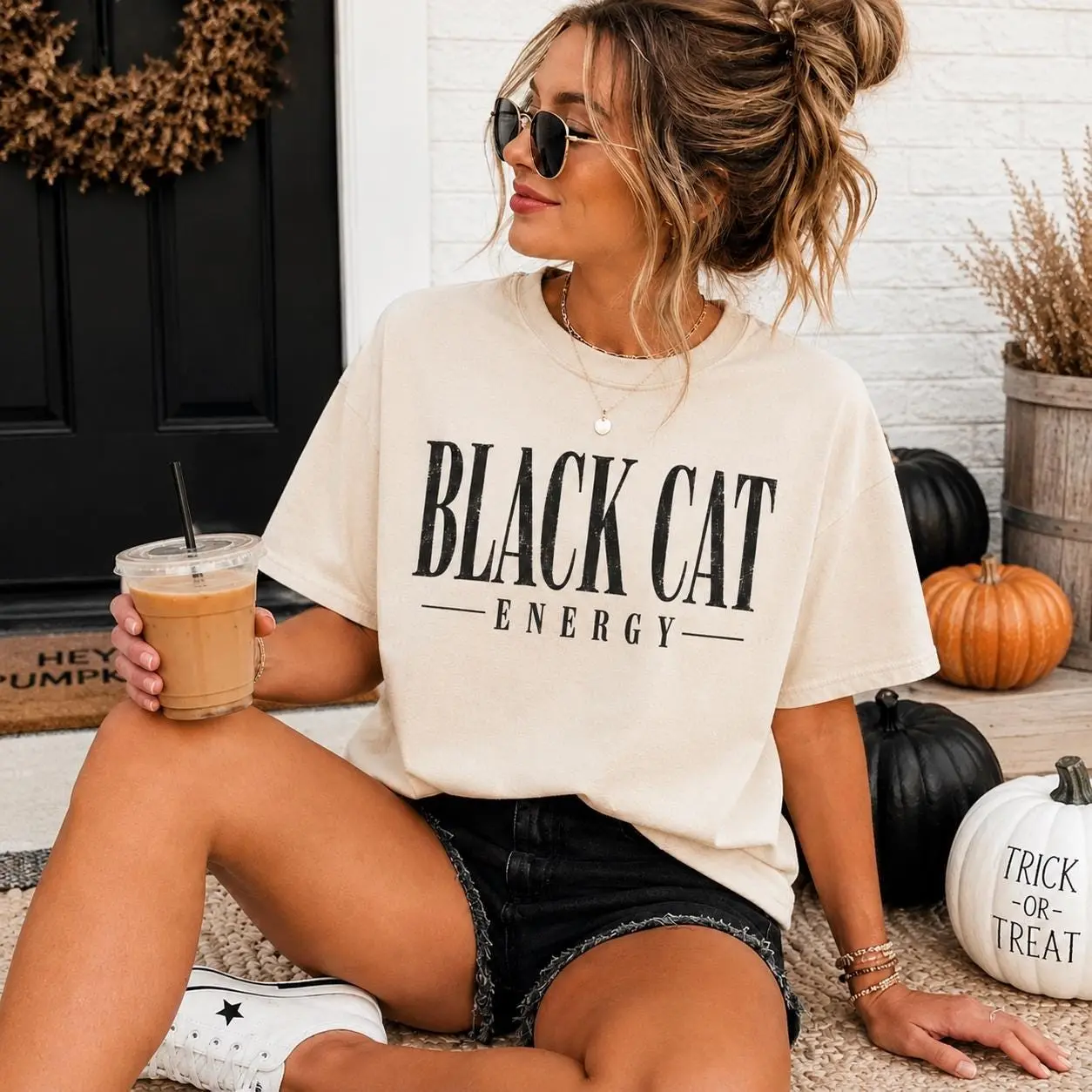 Comfort Colors Black Cat Energy T-Shirt, Retro Distressed Vintage Halloween Fall Spooky Season Tee - photo 2
