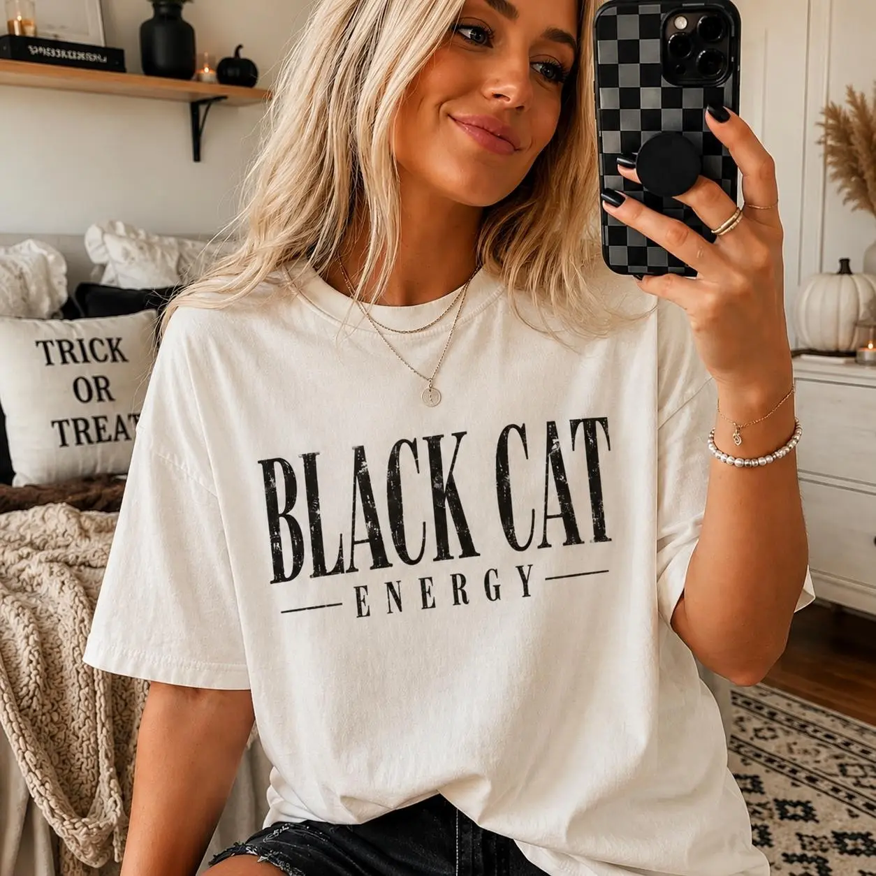 Comfort Colors Black Cat Energy Shirt, Halloween Distressed Retro Fall Vintage Spooky Season Tee