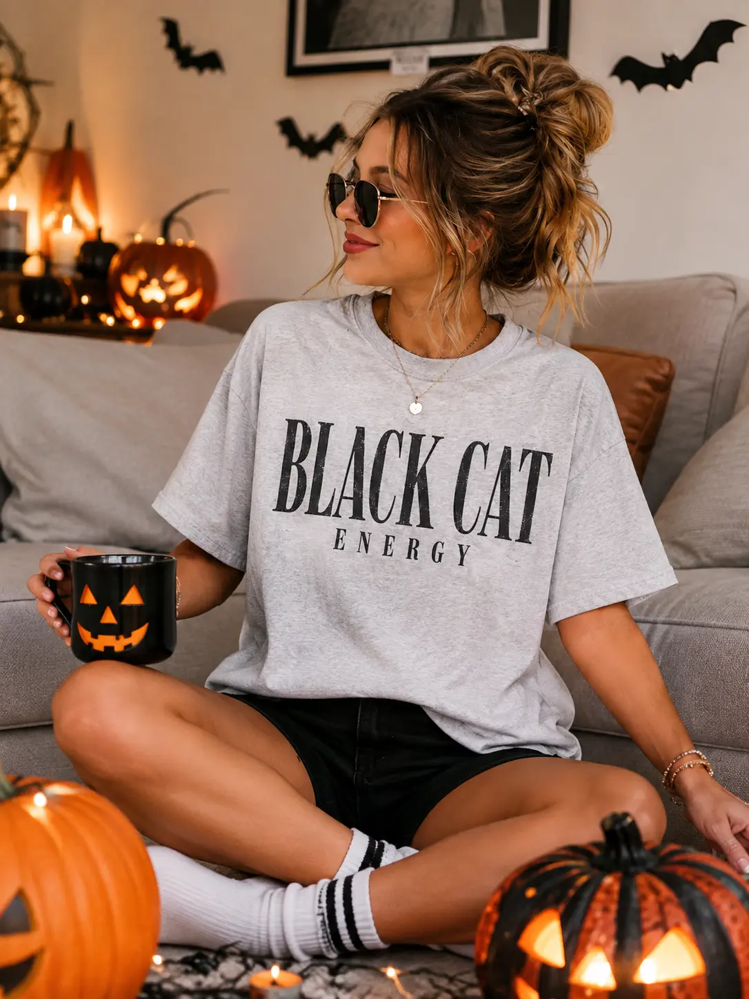 Black Cat Energy Shirt, Vintage Distressed Halloween Graphic Tee, Retro Trendy Fall Top for Kitty Lovers - photo 5