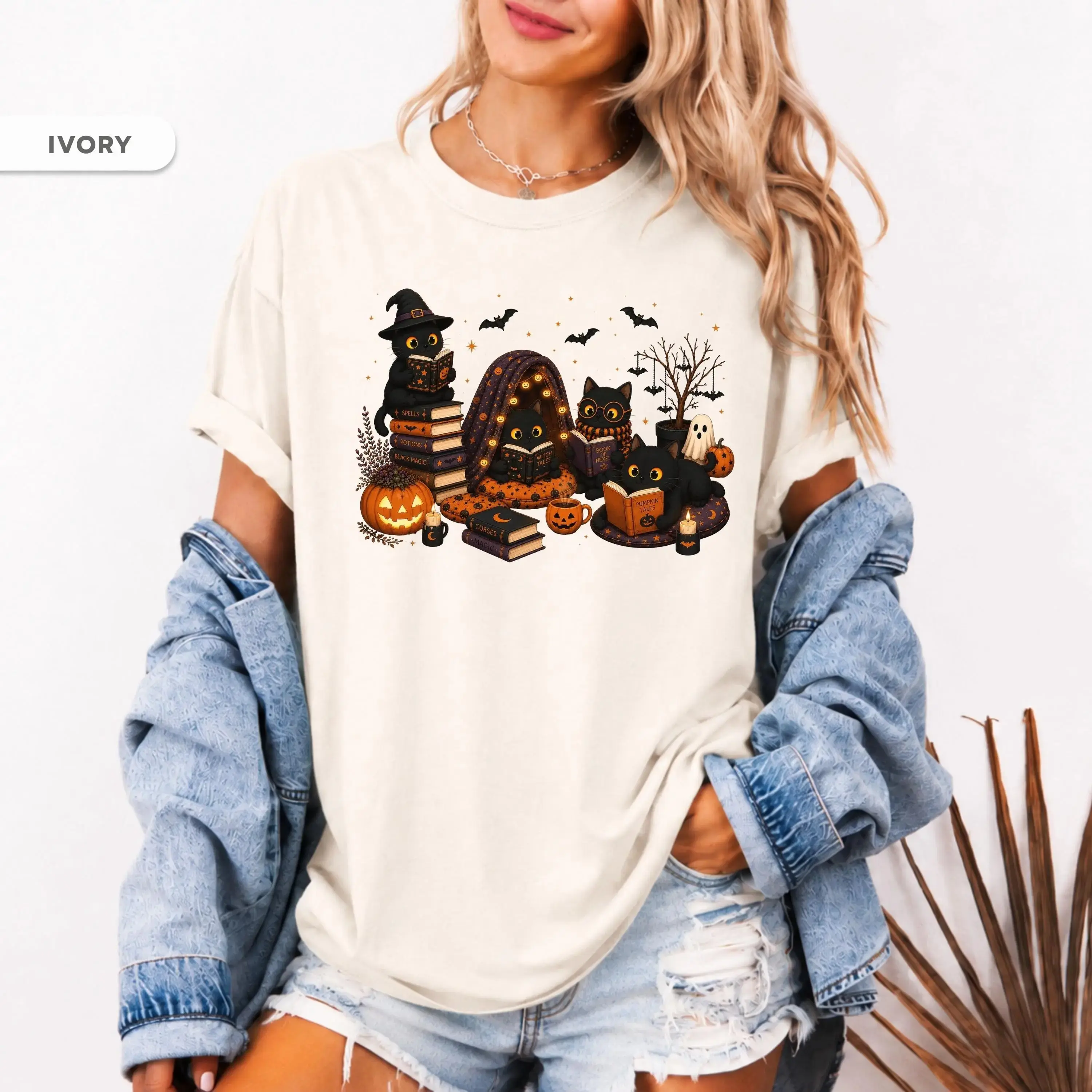 Black Cat Halloween Reading Sweatshirt for Women, Spooky Book Lover Shirt, Witchy Reader Cat Mom Gift