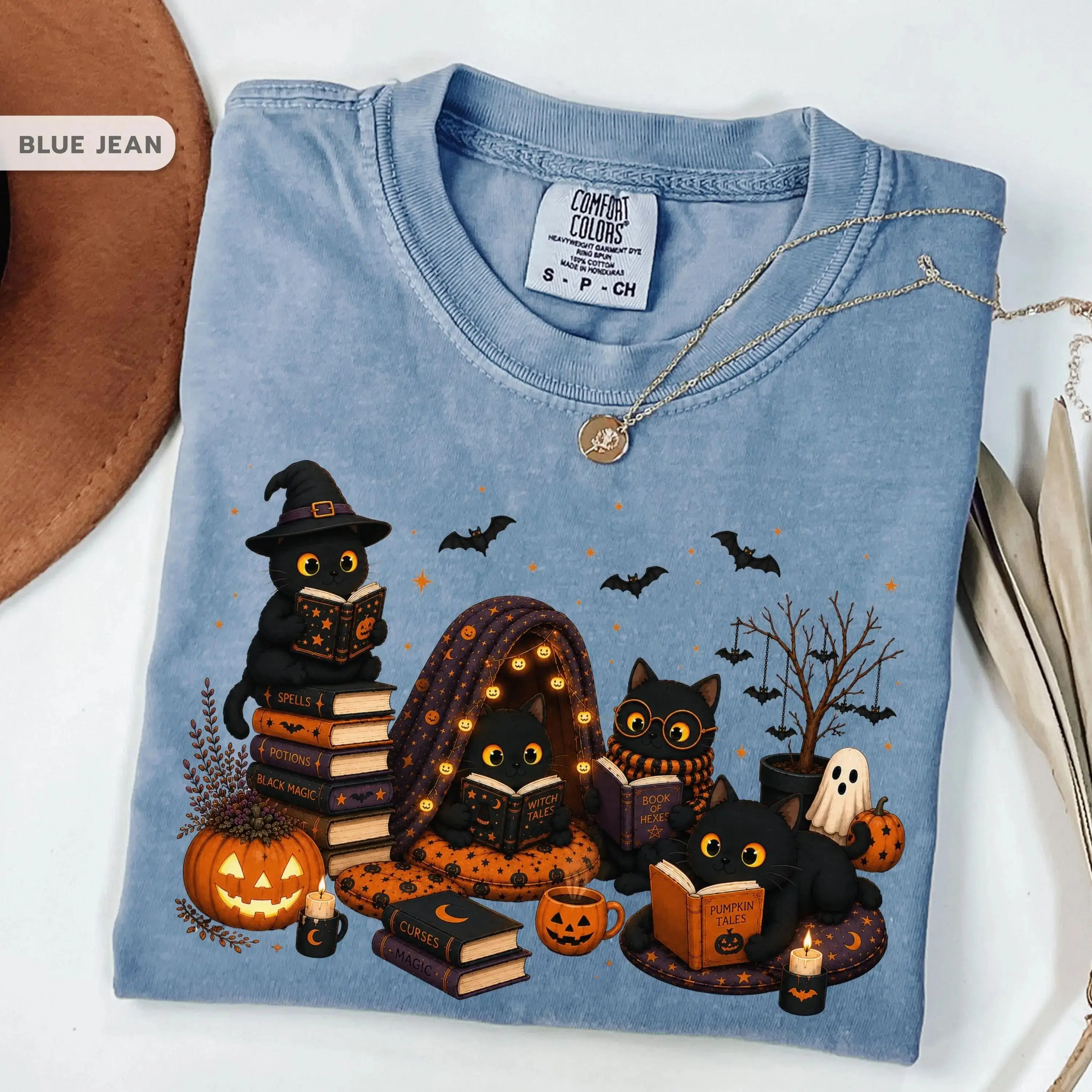 Black Cat Halloween Reading Sweatshirt for Women, Spooky Book Lover Shirt, Witchy Reader Cat Mom Gift - photo 2