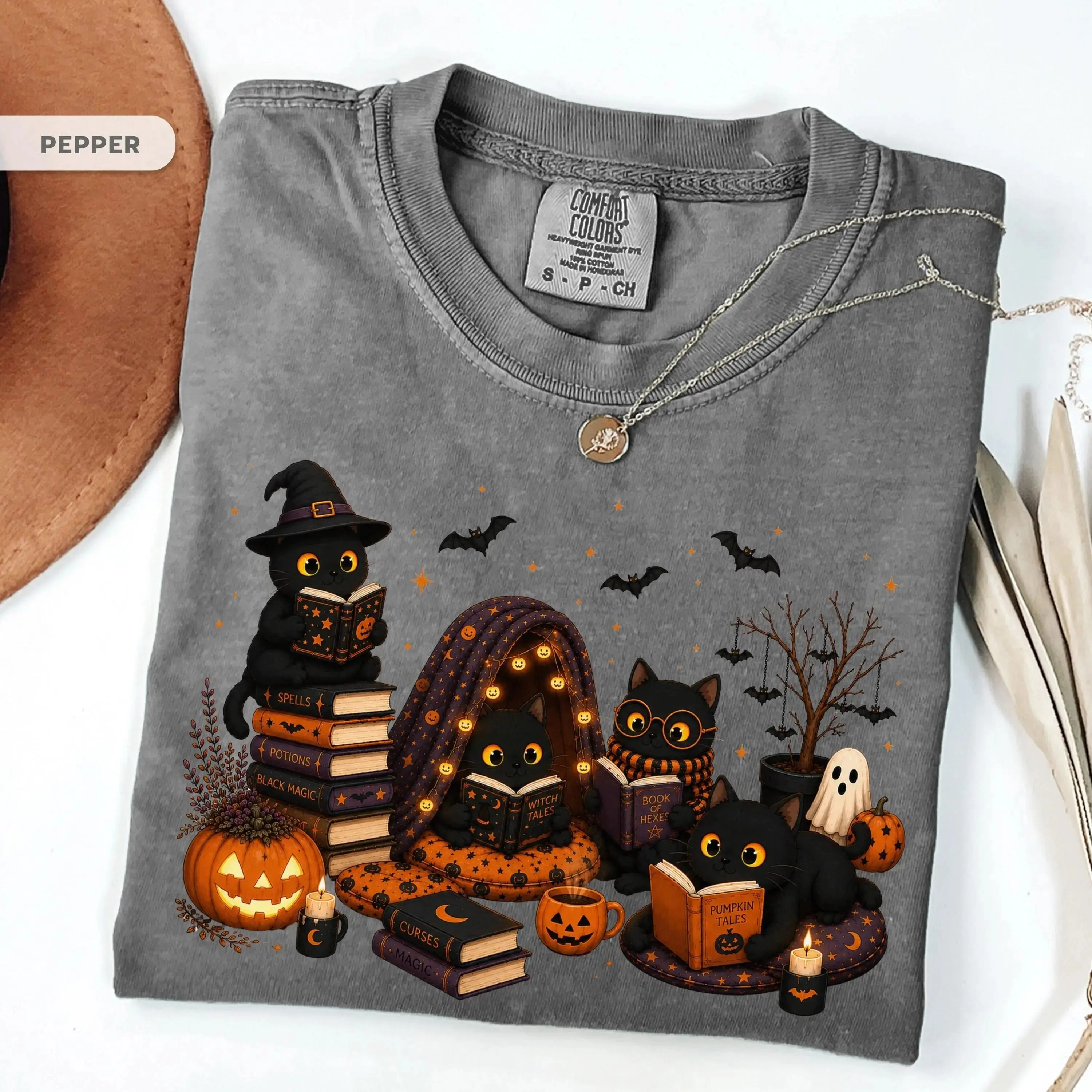 Black Cat Halloween Reading Sweatshirt for Women, Spooky Book Lover Shirt, Witchy Reader Cat Mom Gift - photo 4