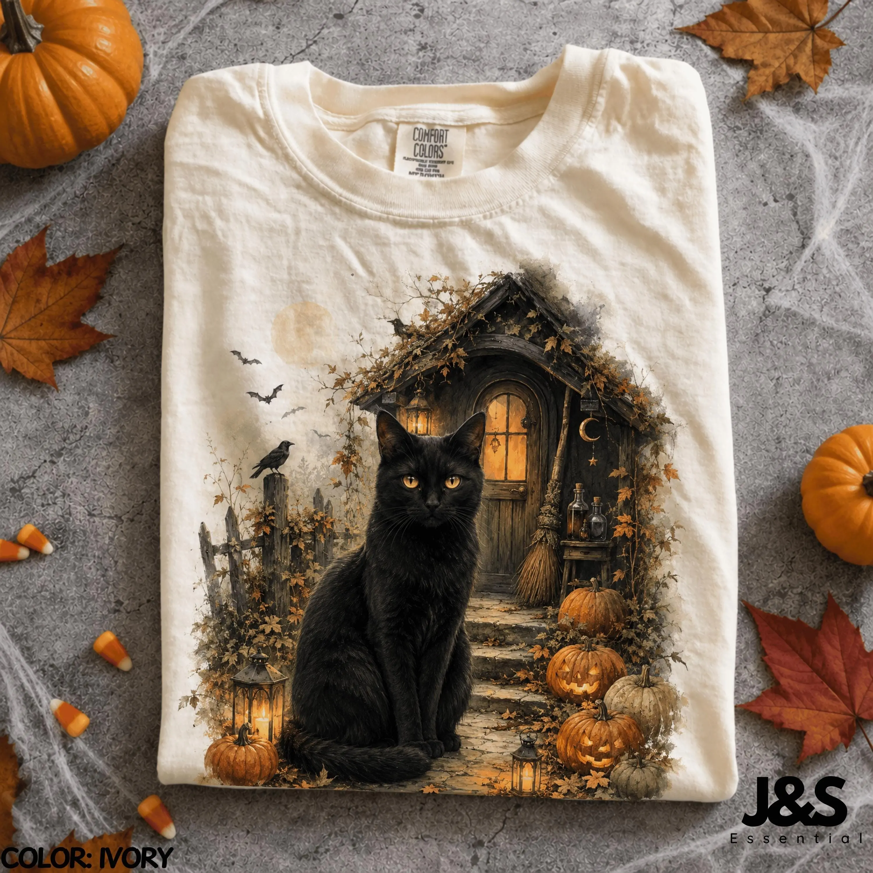 Black Cat Halloween Shirt, Haunted Cottage Witchy Tee, Vintage Pumpkin Moon Fall Spooky Autumn Cottagecore Gift