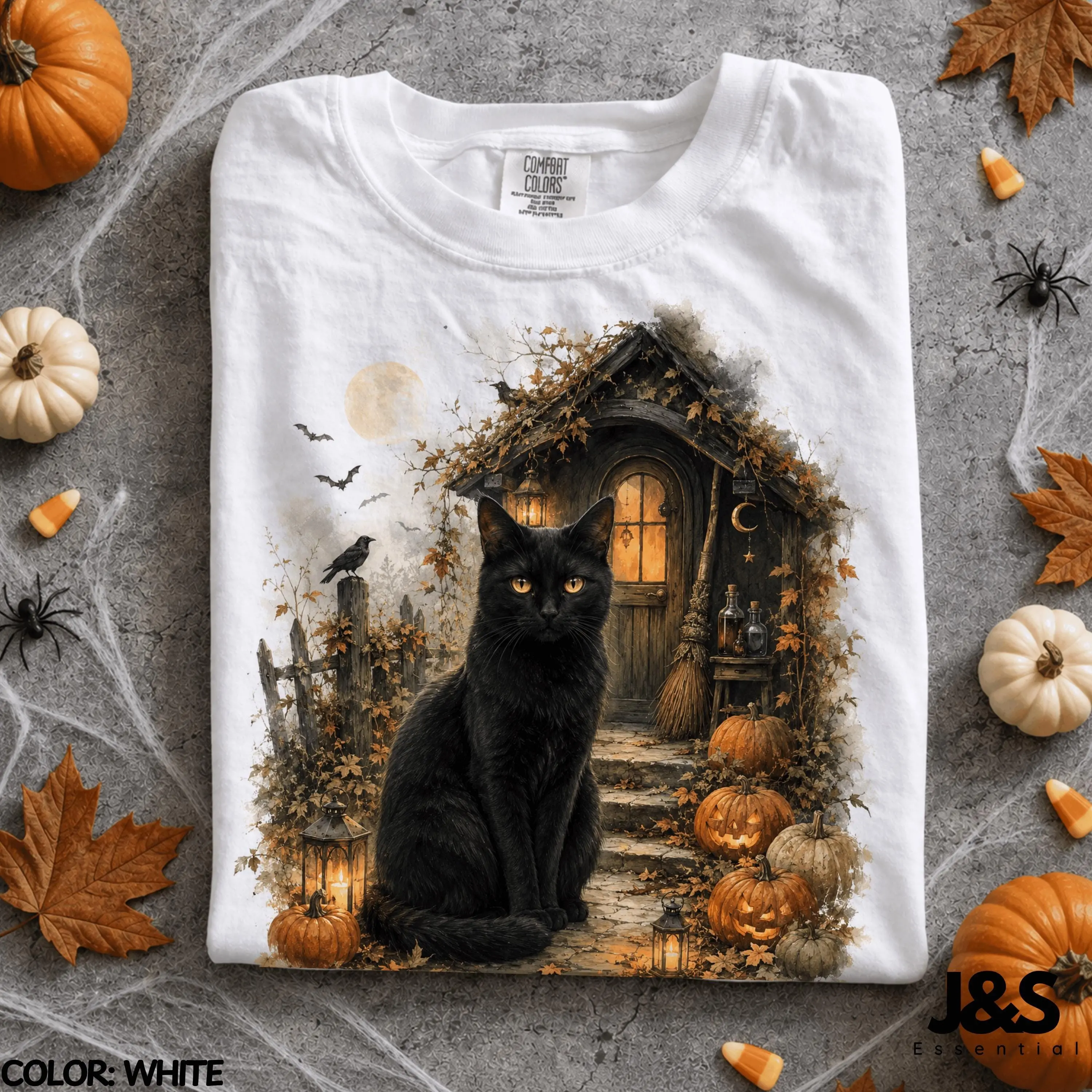Black Cat Halloween Shirt, Haunted Cottage Witchy Tee, Vintage Pumpkin Moon Fall Spooky Autumn Cottagecore Gift - photo 2