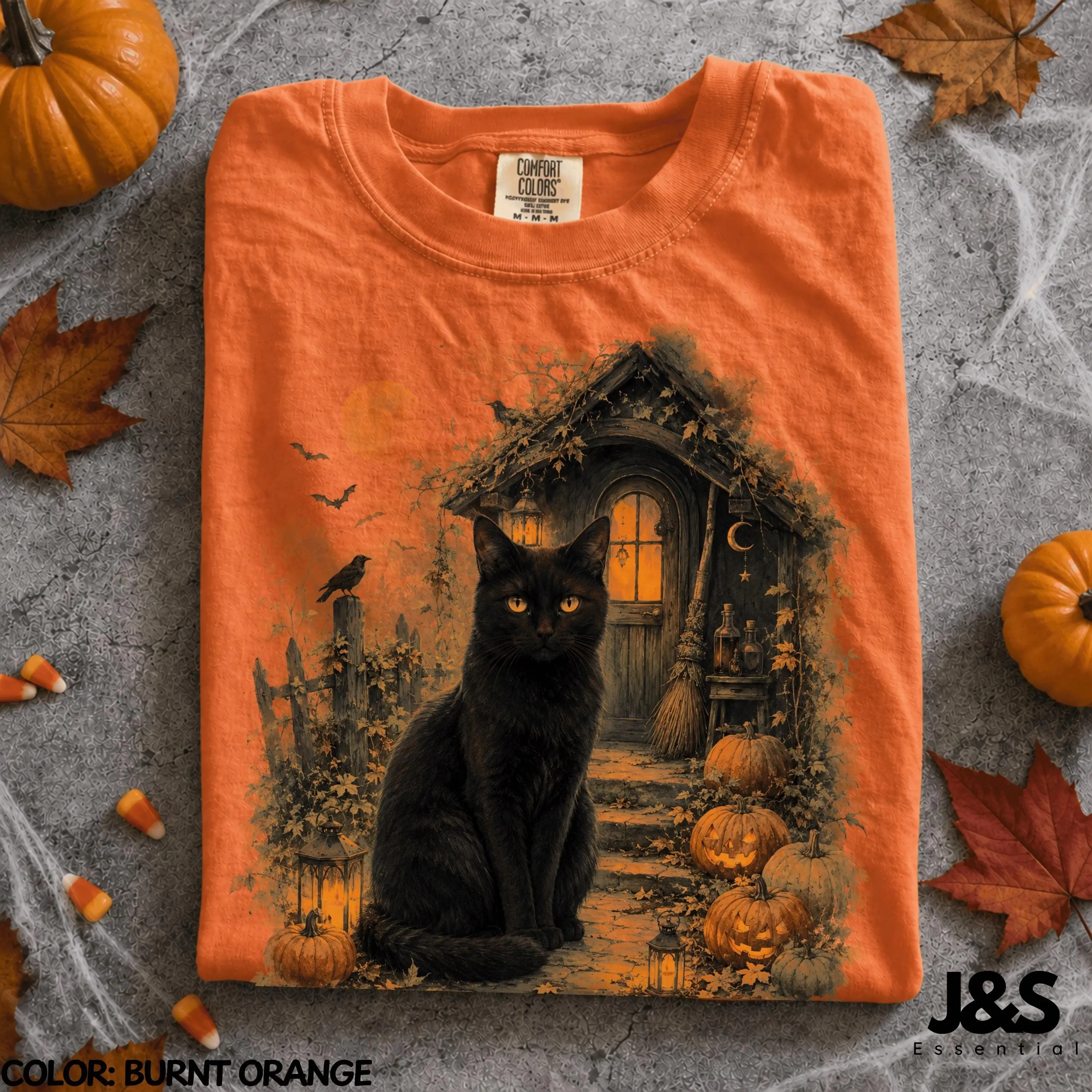 Black Cat Halloween Shirt, Haunted Cottage Witchy Tee, Vintage Pumpkin Moon Fall Spooky Autumn Cottagecore Gift - photo 3