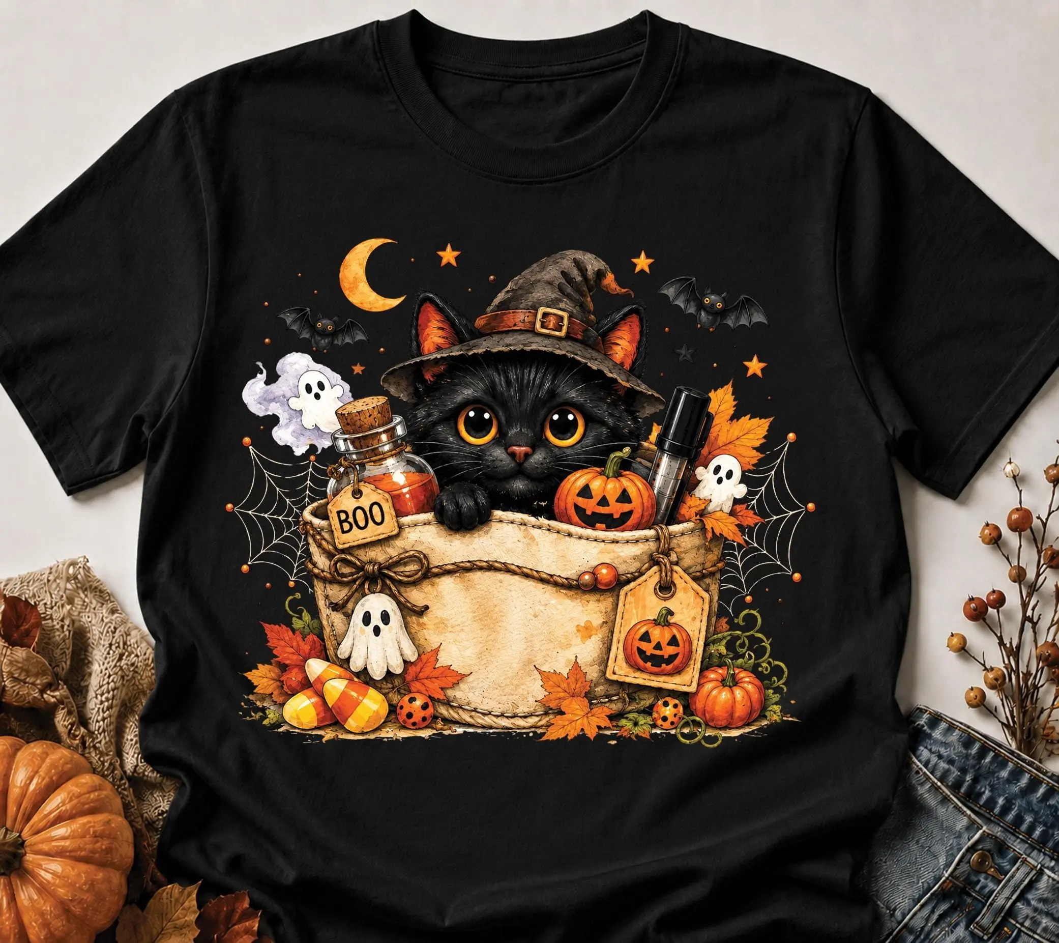 Black Cat Halloween Shirt for Women, Cute Witch Pumpkin Ghost Graphic Fall Tee, Spooky Gift Top
