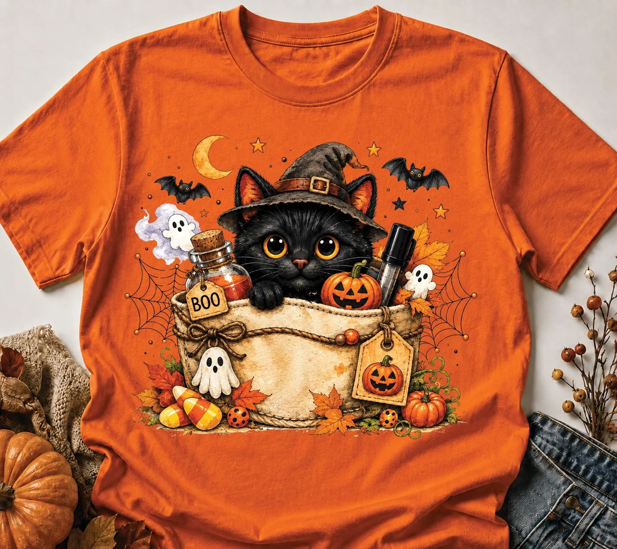 Black Cat Halloween Shirt for Women, Cute Witch Pumpkin Ghost Graphic Fall Tee, Spooky Gift Top - photo 2